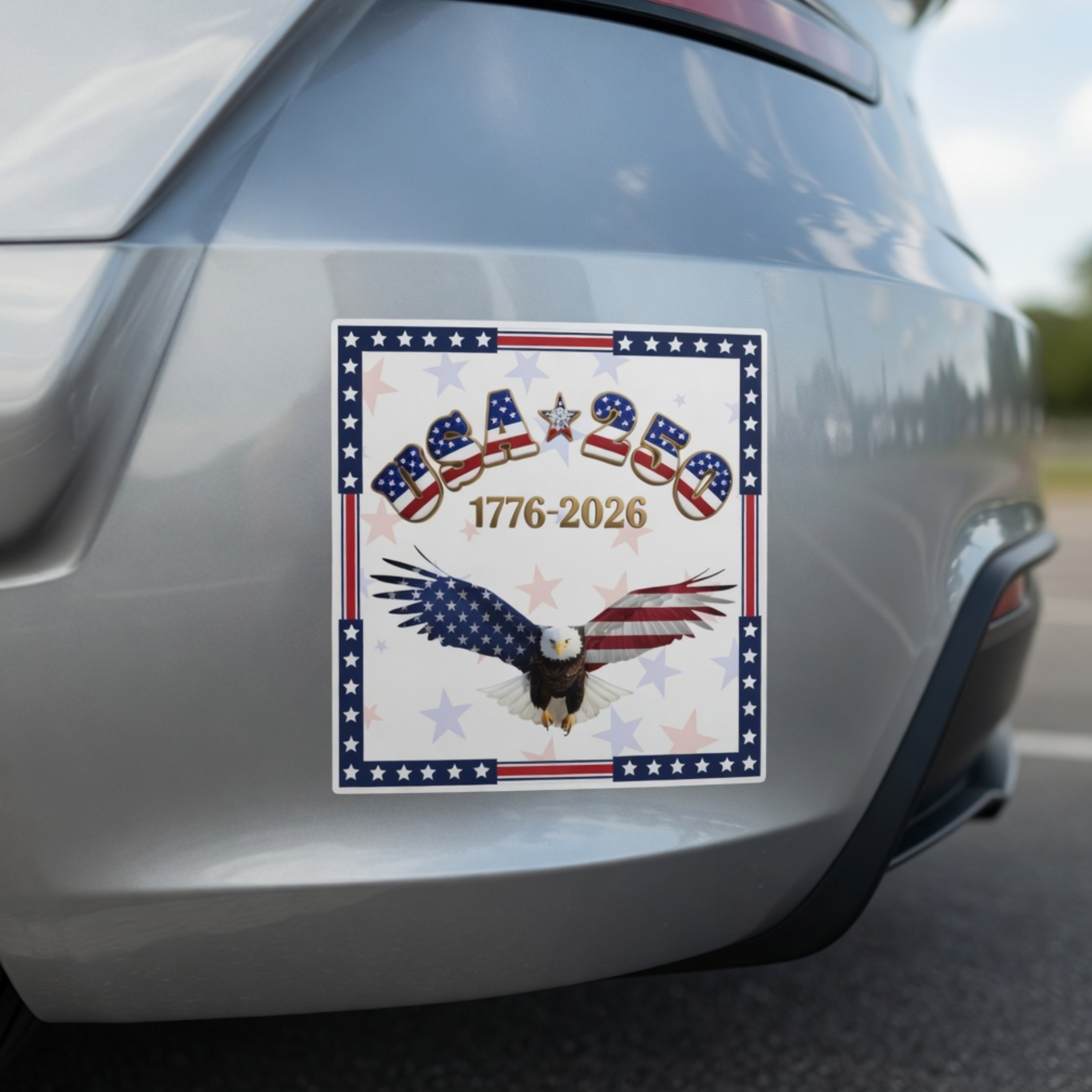 USA 250 Tribute Eagle Car Magnet | 1776-2026 American Flag Design, Square decal for car, gold