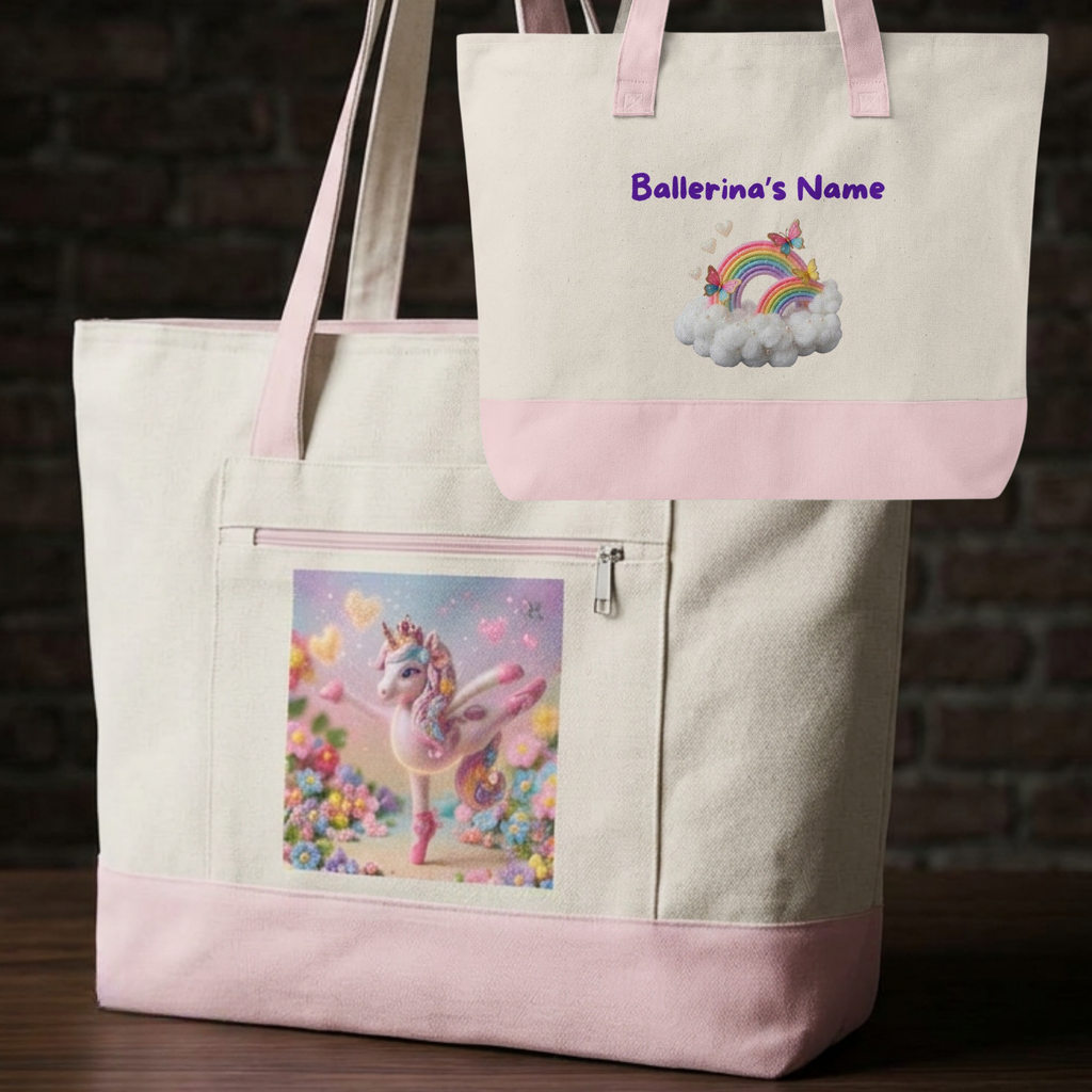 Ballerina Unicorn Rainbow Dance Bag Tote | Zippered Canvas Tote | Personalize