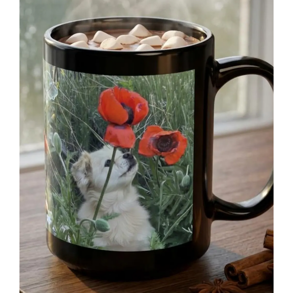 Earth's Crammed with Heaven Mug, Dog and Flowers, Inspirational, Gratitude Coffee Cup