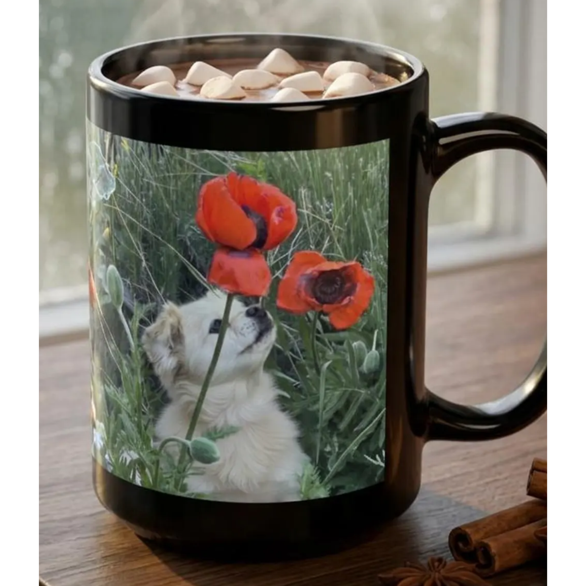 Earth's Crammed with Heaven Mug, Dog and Flowers, Inspirational, Gratitude Coffee Cup