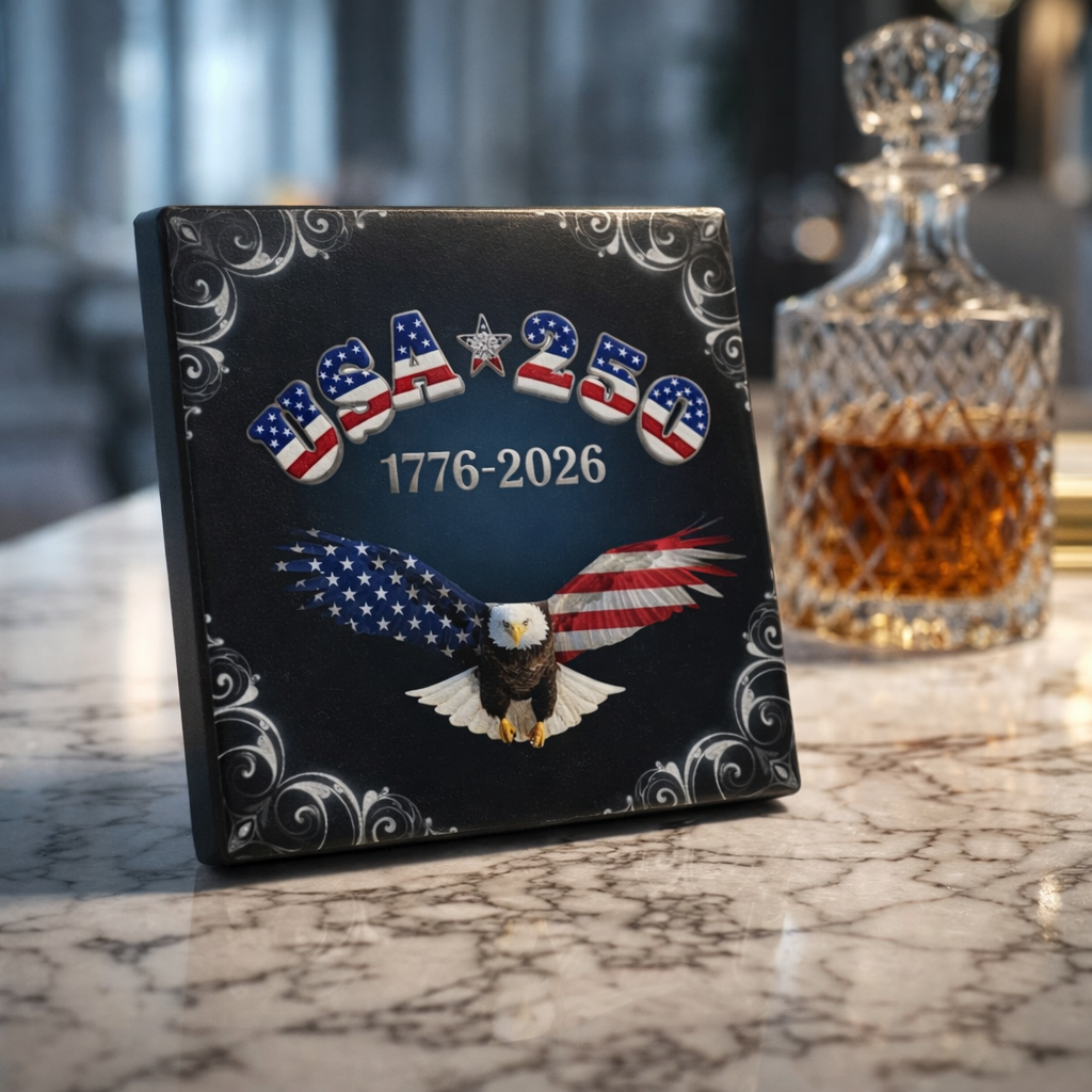 USA 250 Bald Eagle Flag Coaster, Hardboard - 1776-2026 Commemorative, silver