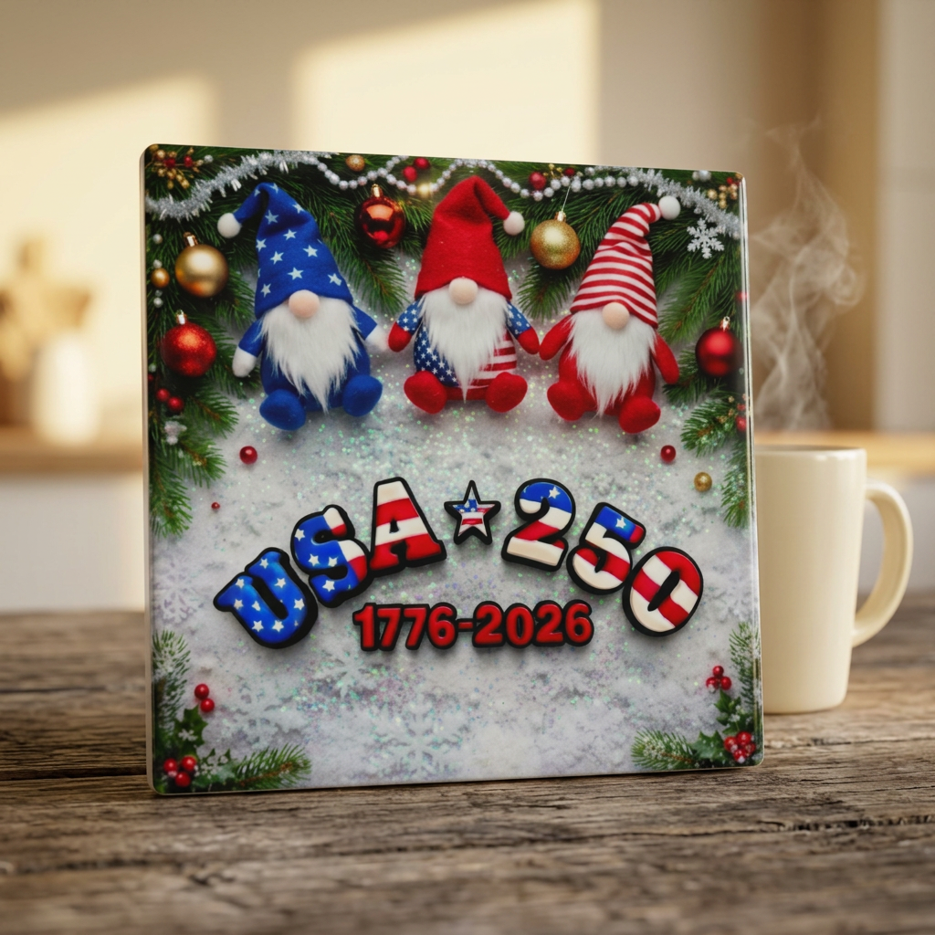 USA 250 Patriotic Gnome Ceramic Coaster - Christmas Holiday Decor