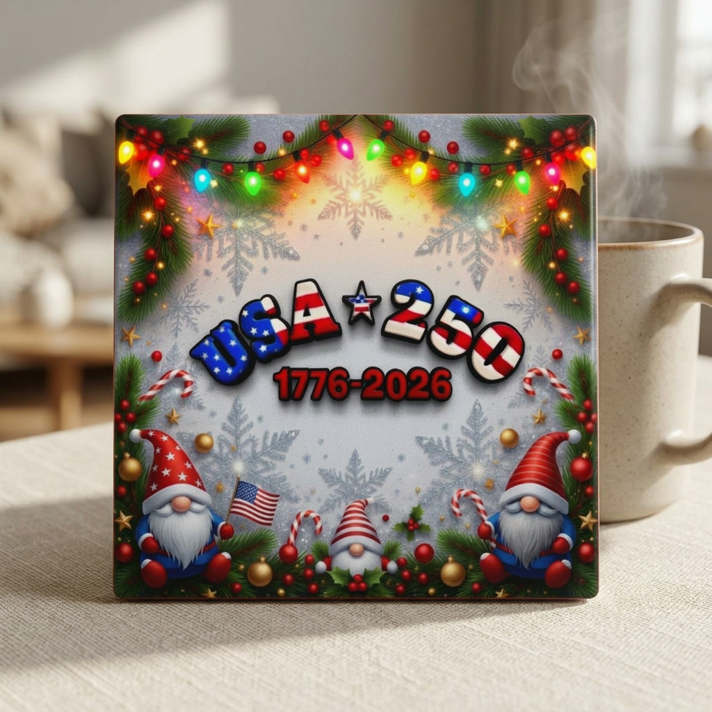 USA 250 Patriotic Gnome Ceramic Coaster - Christmas Holiday Decor