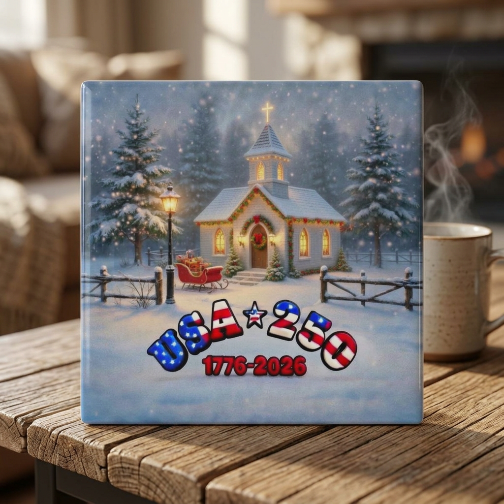 USA 250 Church in Snow Christmas Scene Ceramic Coaster | Pastoral Holiday Coaster