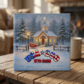 USA 250 Church in Snow Christmas Scene Ceramic Coaster | Pastoral Holiday Coaster