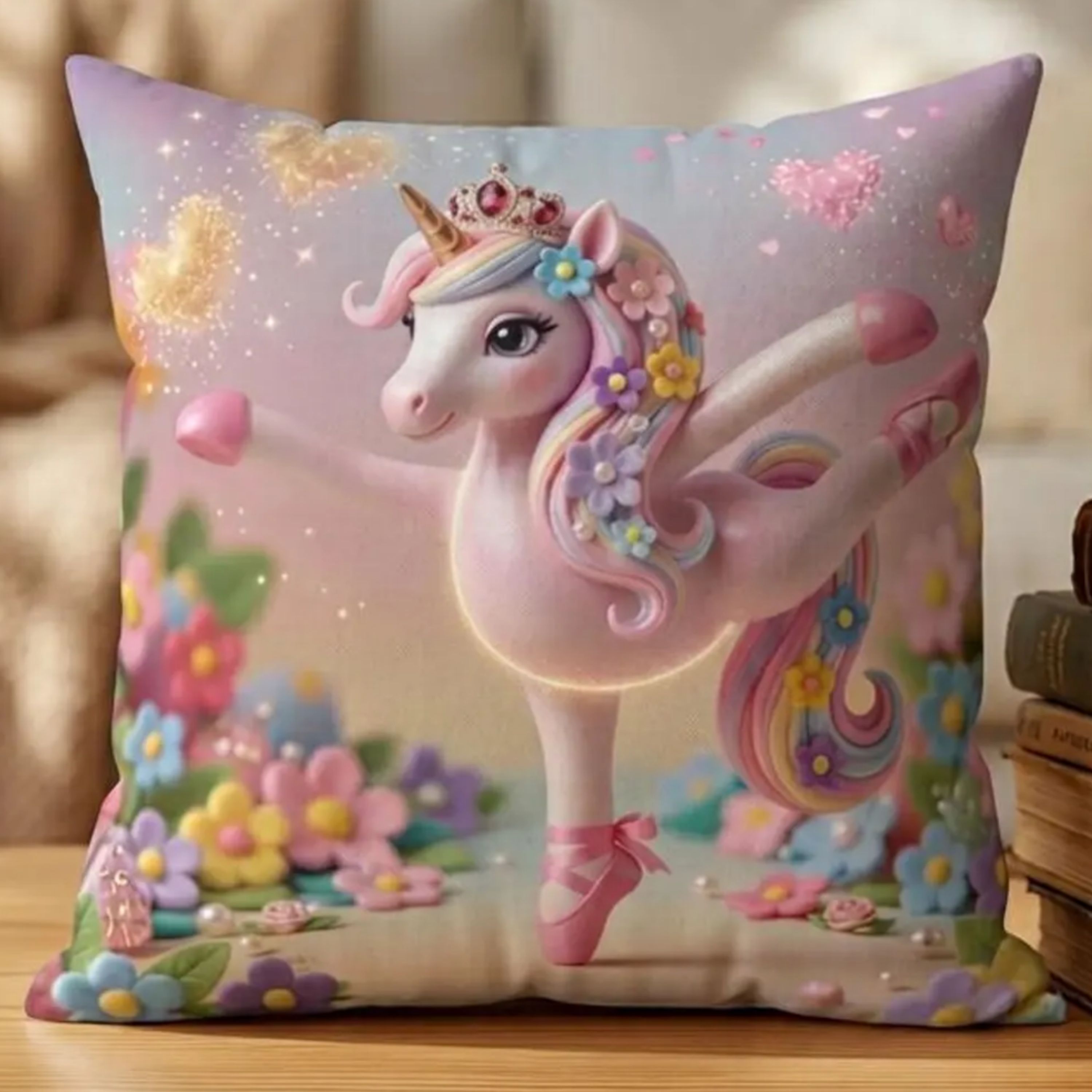 Unicorn Ballerina Pillow | Faux Suede Square Decorative Throw Pillow (pink pointe shoes)