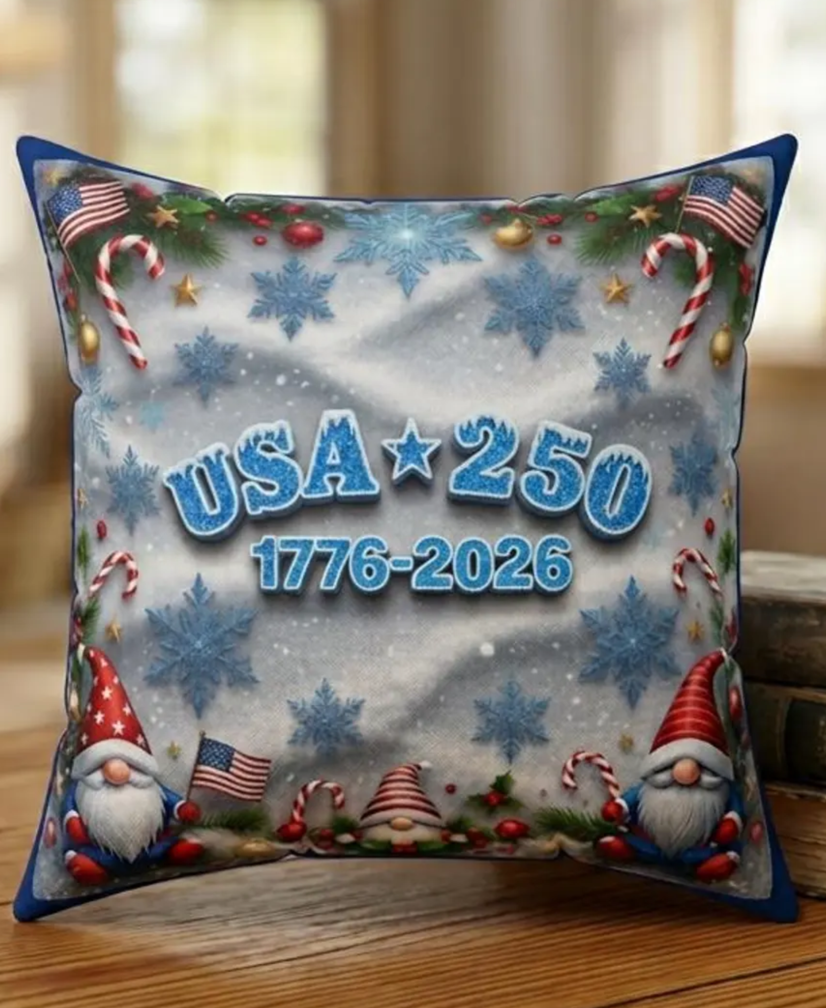 Patriotic Christmas Gnome Pillow | 1776-2026 Commemorative USA 250, Icy Blue