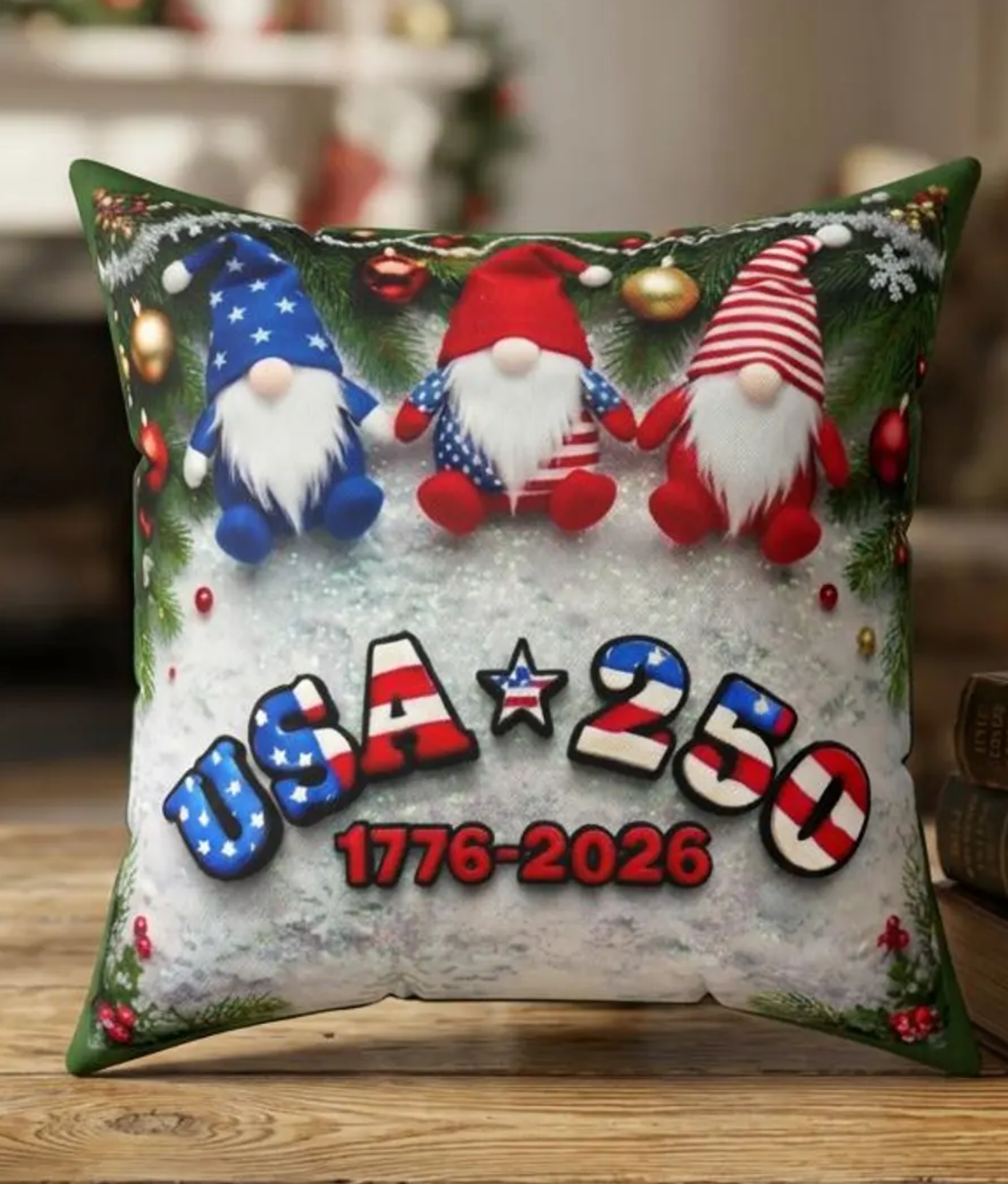 Patriotic Christmas Gnome Throw Pillow | USA 250 1776-2026 commemorative