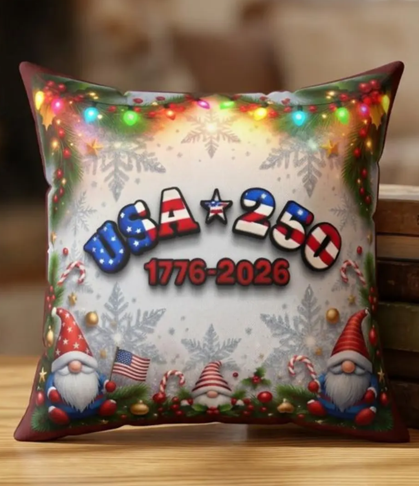 Wee Patriotic Christmas Gnomes Spun Polyester Square Pillow | USA 1776-2026, Festive Lights