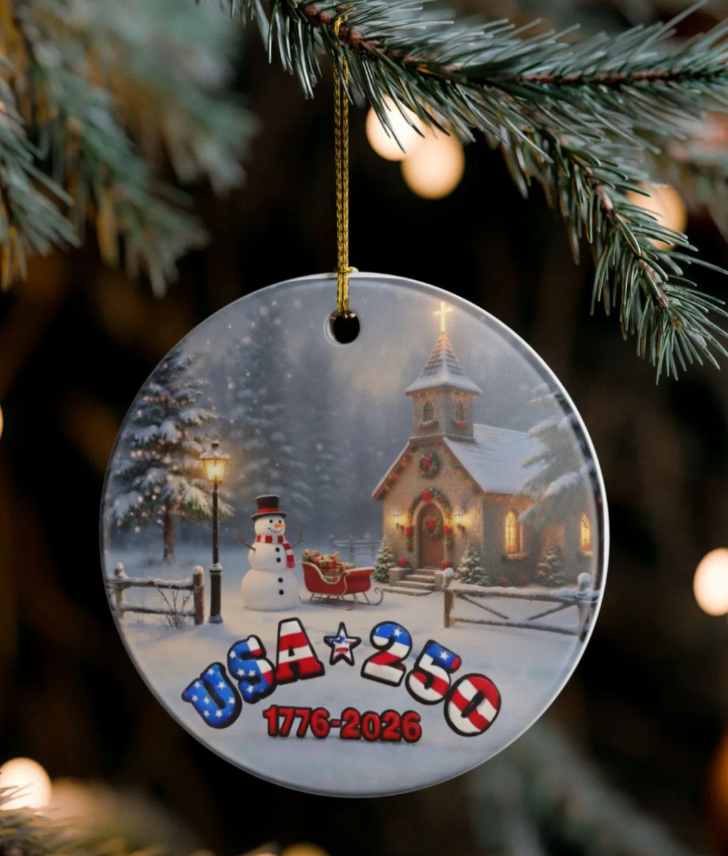 USA 250 Tribute Ceramic Ornament | Church, Snowy Woods & Sleigh Holiday Decoration