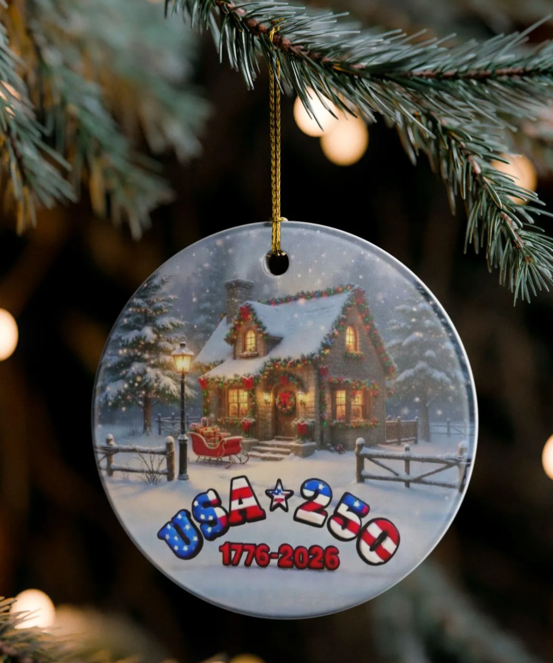 USA 250 Tribute Ceramic Ornament | Cozy Cottage and Sleigh Semi-quincentennial Holiday Décor