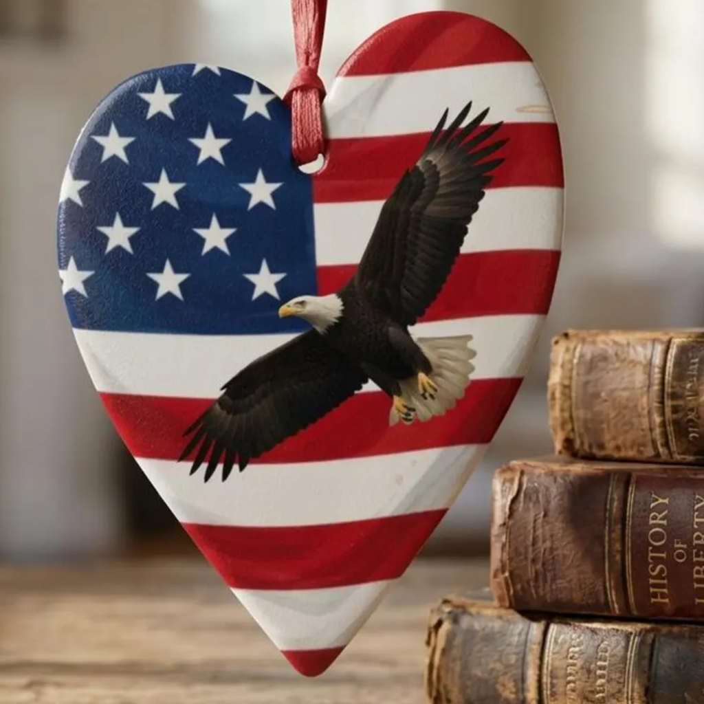 USA 250 Eagle and American Flag Wooden Heart Ornament, 1776-2026 Semi-quincentennial Keepsake