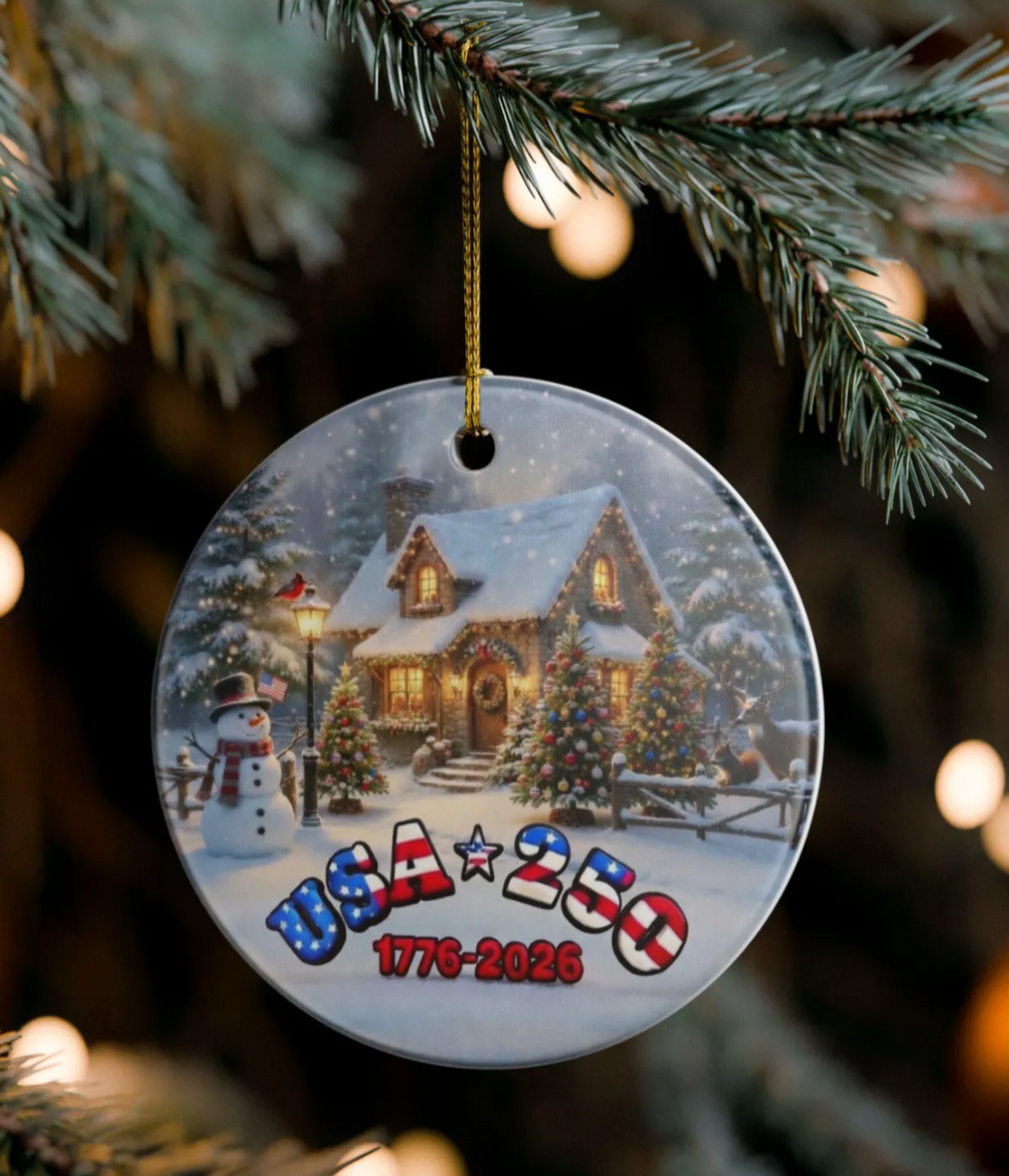 USA 250 Tribute Ceramic Ornament | 1776-2026 Holiday Cottage and Snowman