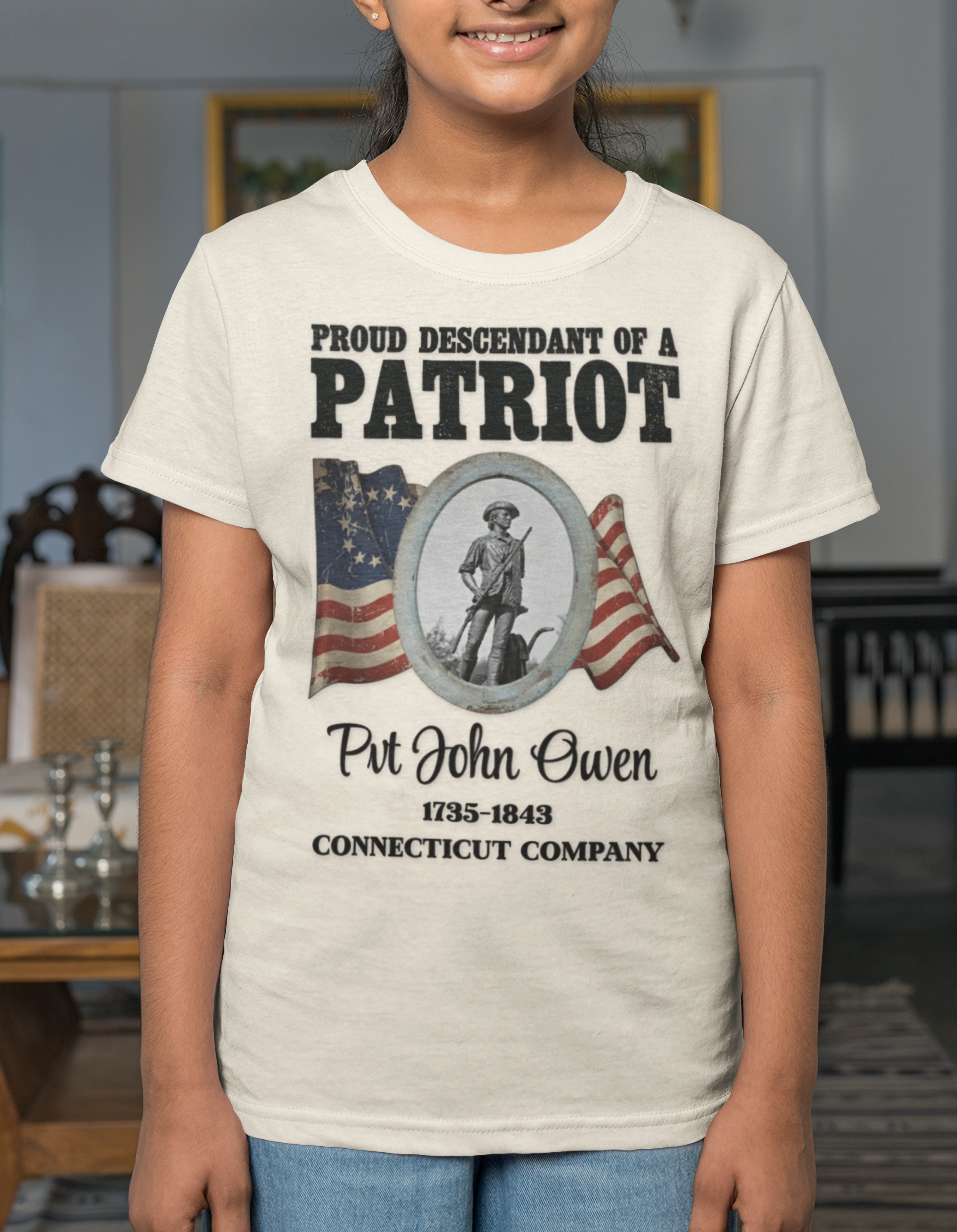 OWENS FAMILY with authentic obituary - Proud Descendant of a Patriot Unisex Kids Tee | Revolutionary Soldier, American Flag