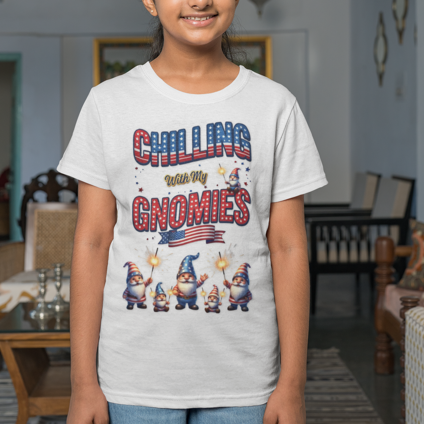 Chilling with My Gnomies Unisex Kids Tee | Patriotic Gnomes Fourth of July, USA 250