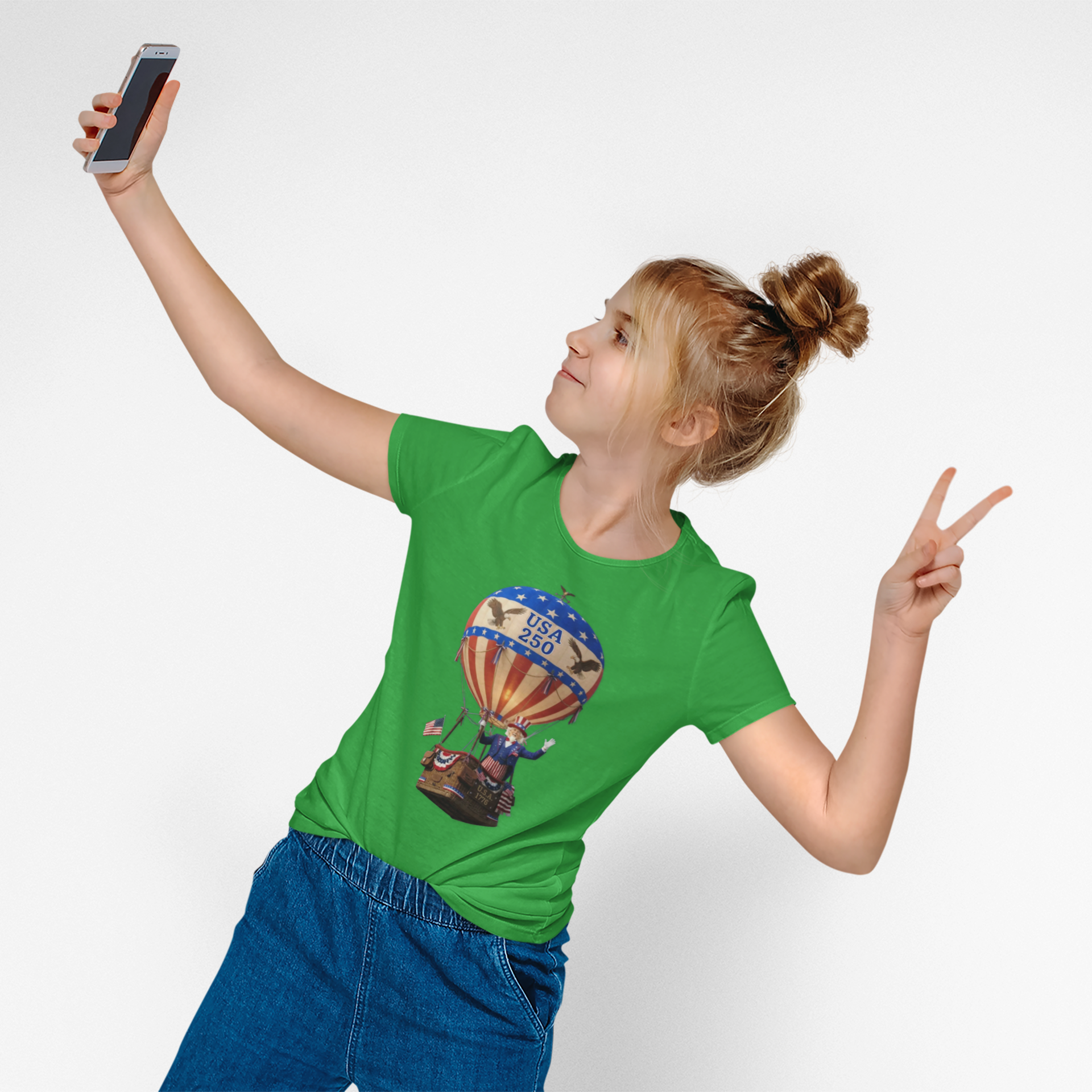 Uncle Sam in Hot Air Balloon Unisex Kids Tee | USA 250 Tribute