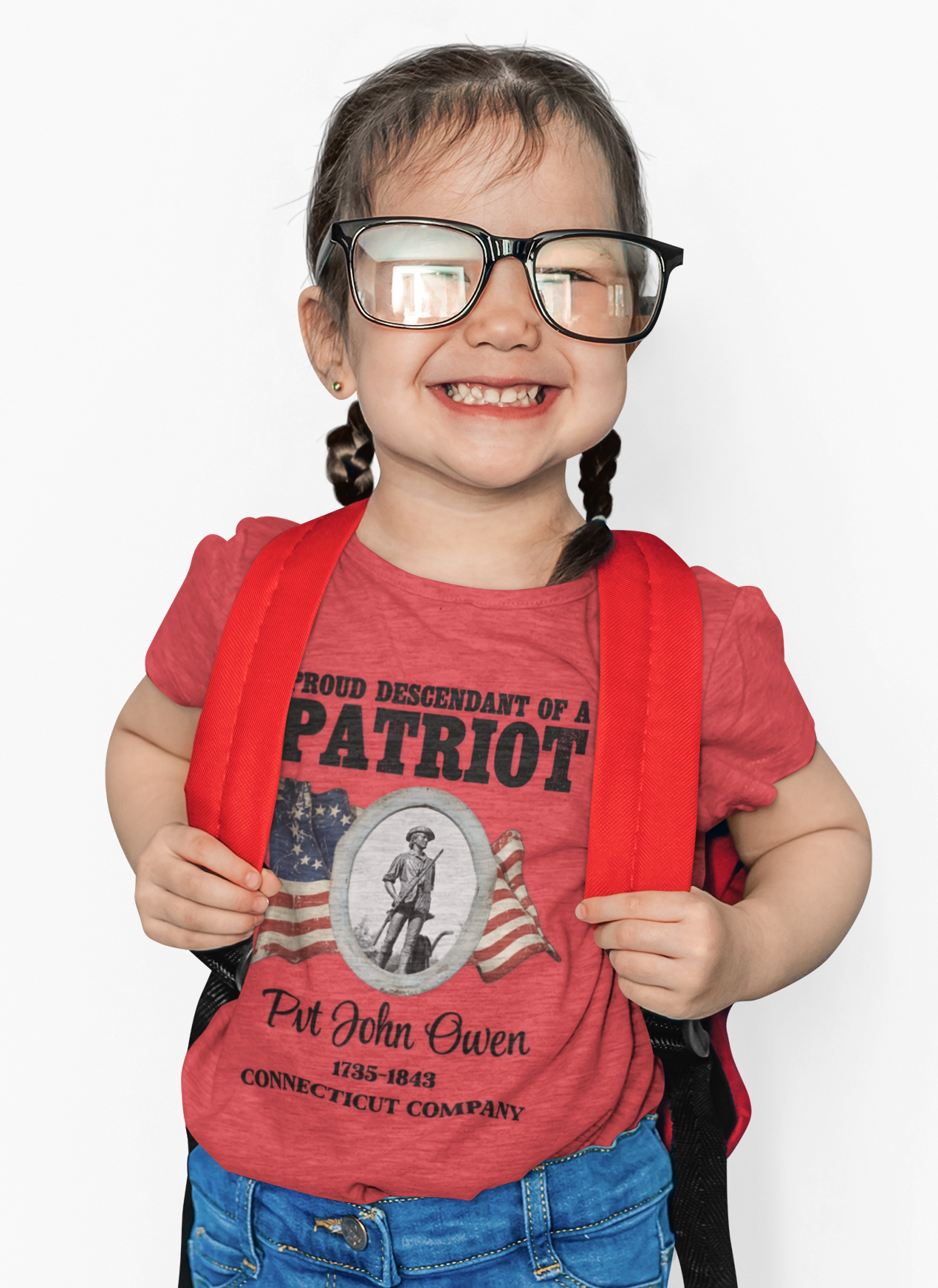 Descendant of a Patriot Toddler Tee | USA 250 Minuteman and Poem Tribute on Back | Personalize