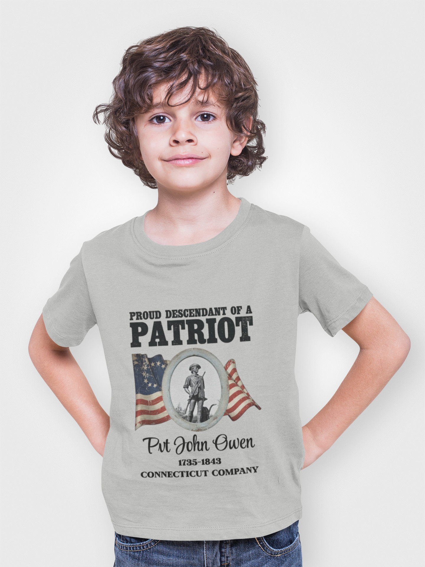 Proud Descendant of a Patriot Youth Short Sleeve Tee | Minute Man Statue and Poem | Personalize