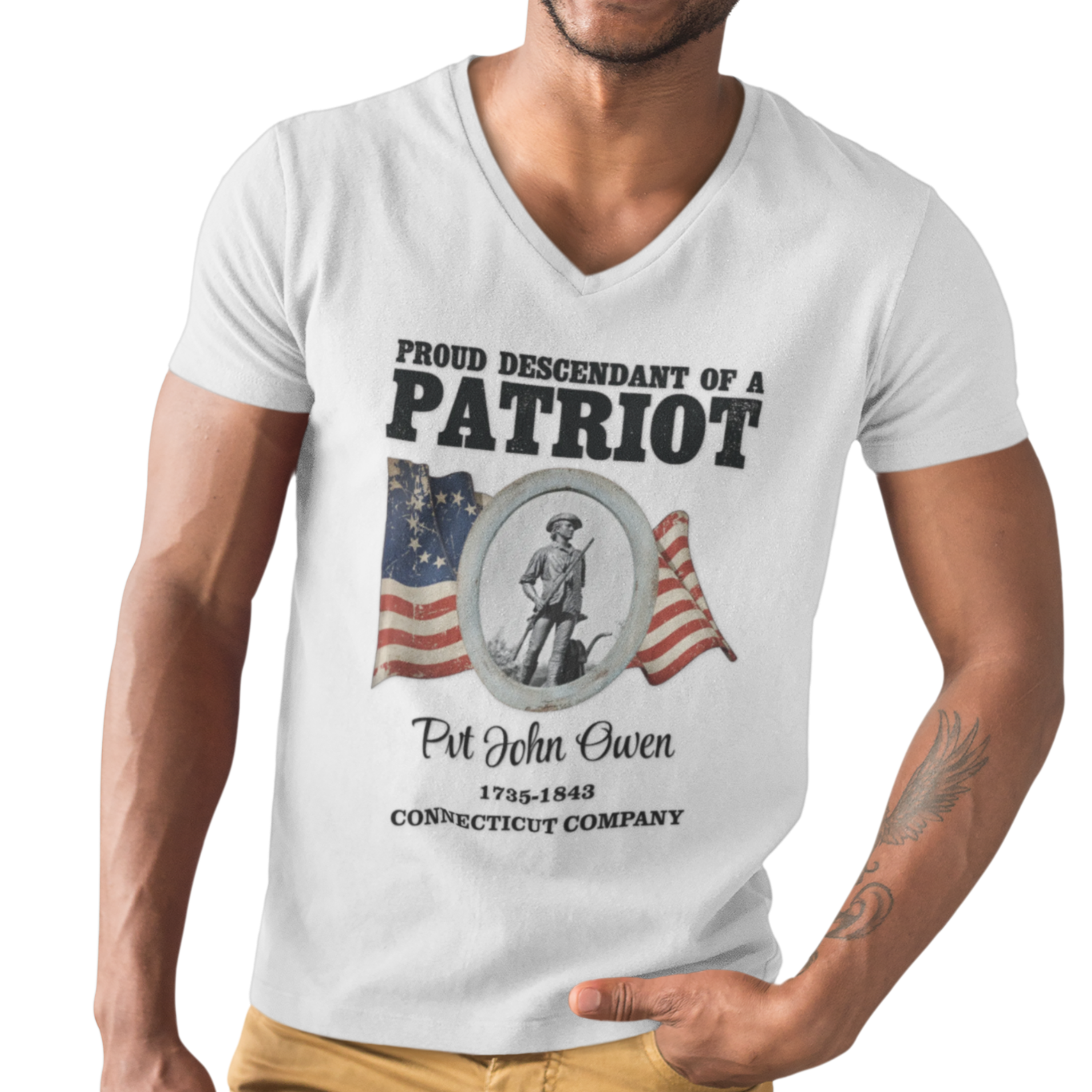Patriot Ancestor V-Neck Tee — "Proud Descendant of a Patriot" Historical Tribute Shirt | Personalized