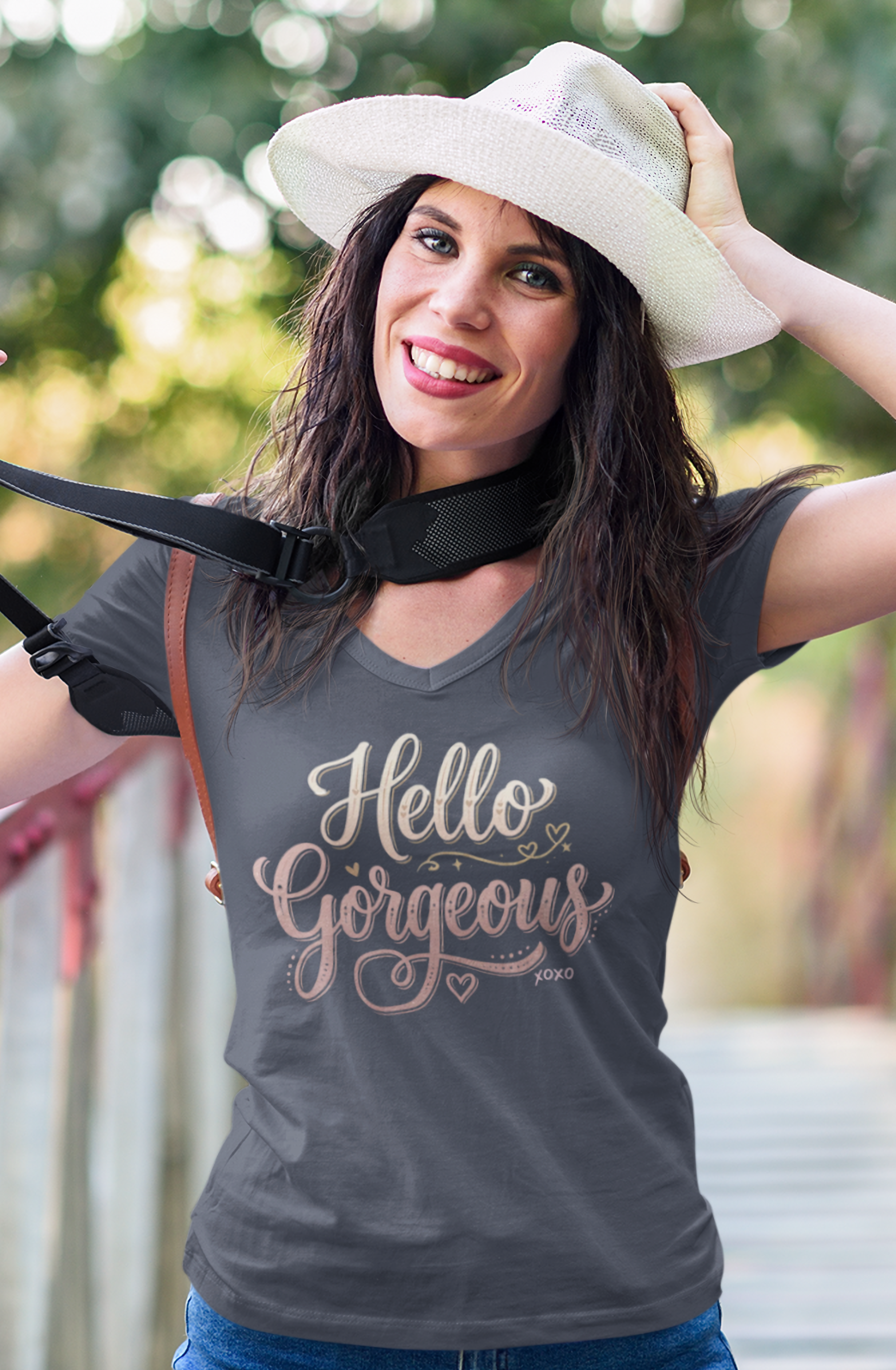 Hello Gorgeous Ladies V Neck Tee | Spread warmth and cheer