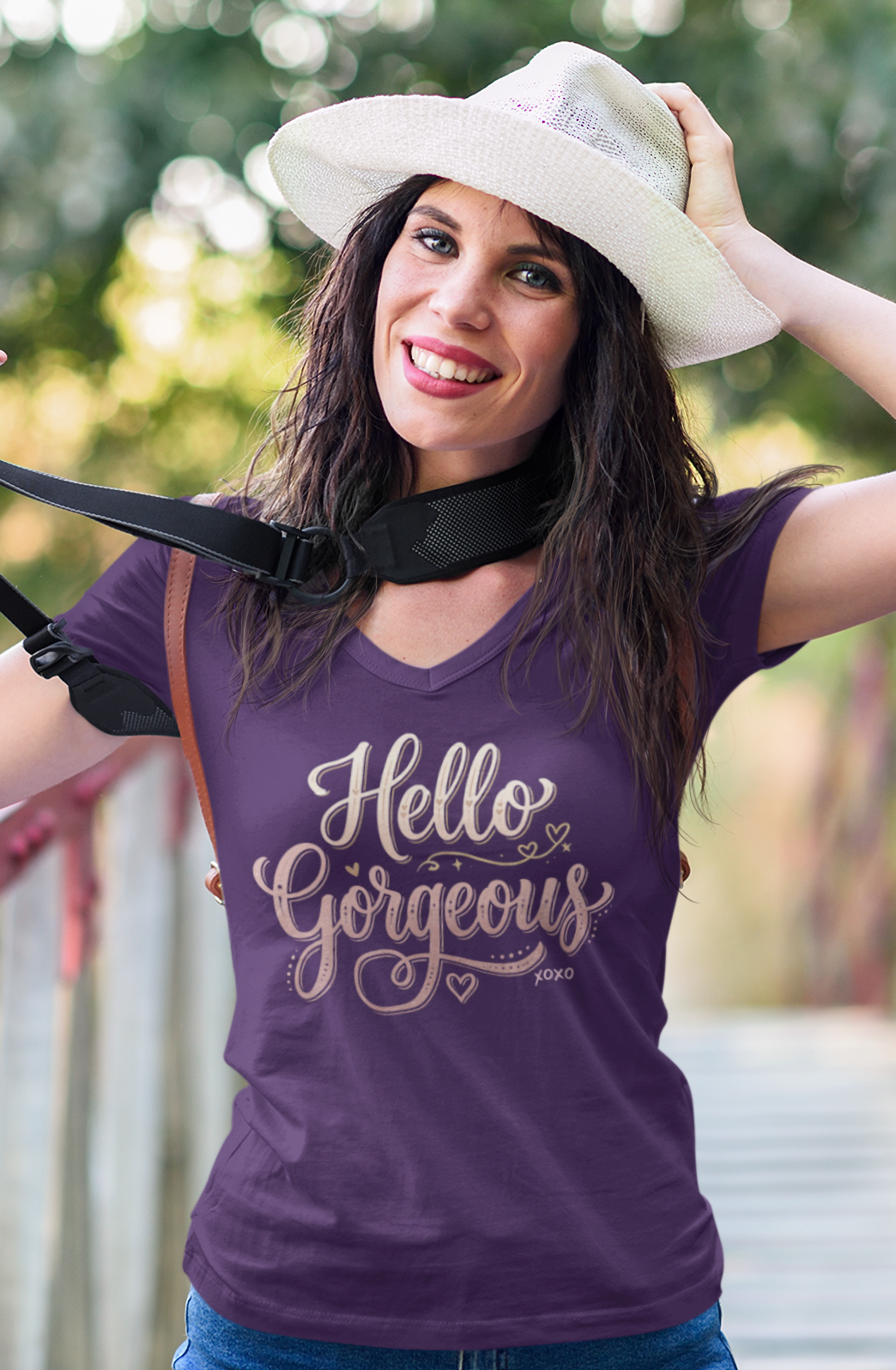 Hello Gorgeous Ladies V Neck Tee | Spread warmth and cheer