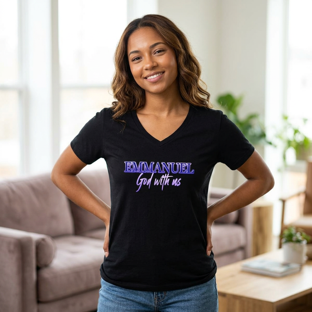 Emmanuel "God With Us" Name of God - Ladies V-Neck T-Shirt | Purple Script
