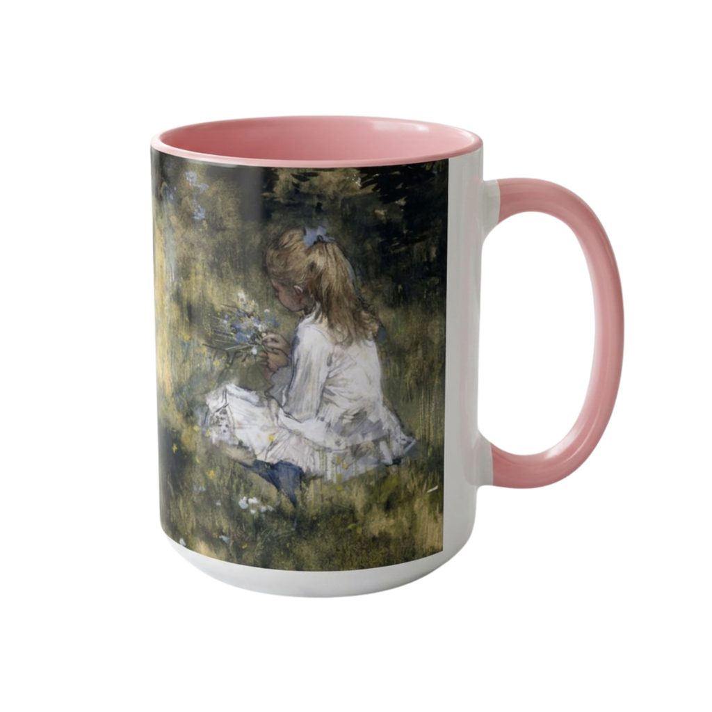 A Girl with Flowers Accent Coffee Mug | Vintage Nature Art, John Muir Quote