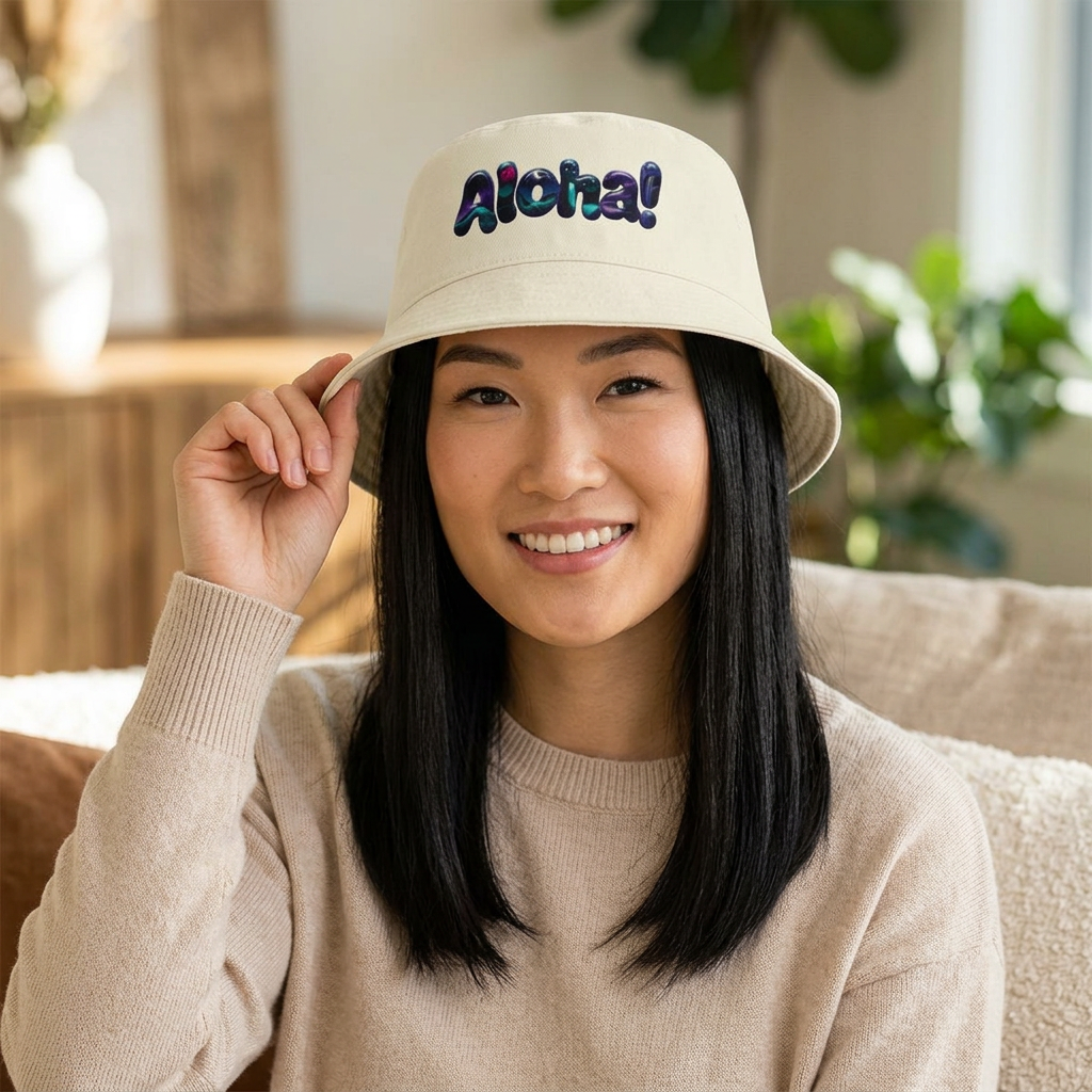 Aloha! Bubble Letter Print Bucket Hat | Tropical Hawaii Surf Vibes