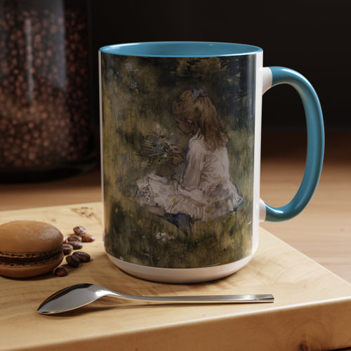 A Girl with Flowers Accent Coffee Mug | Vintage Nature Art, John Muir Quote