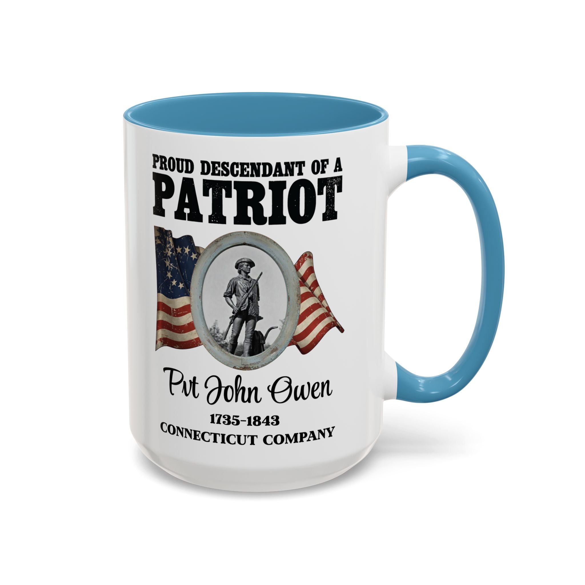 OWENS FAMILY with authentic obituary - Proud Descendant of a Patriot 15 oz mug | Revolutionary Soldier, American Flag