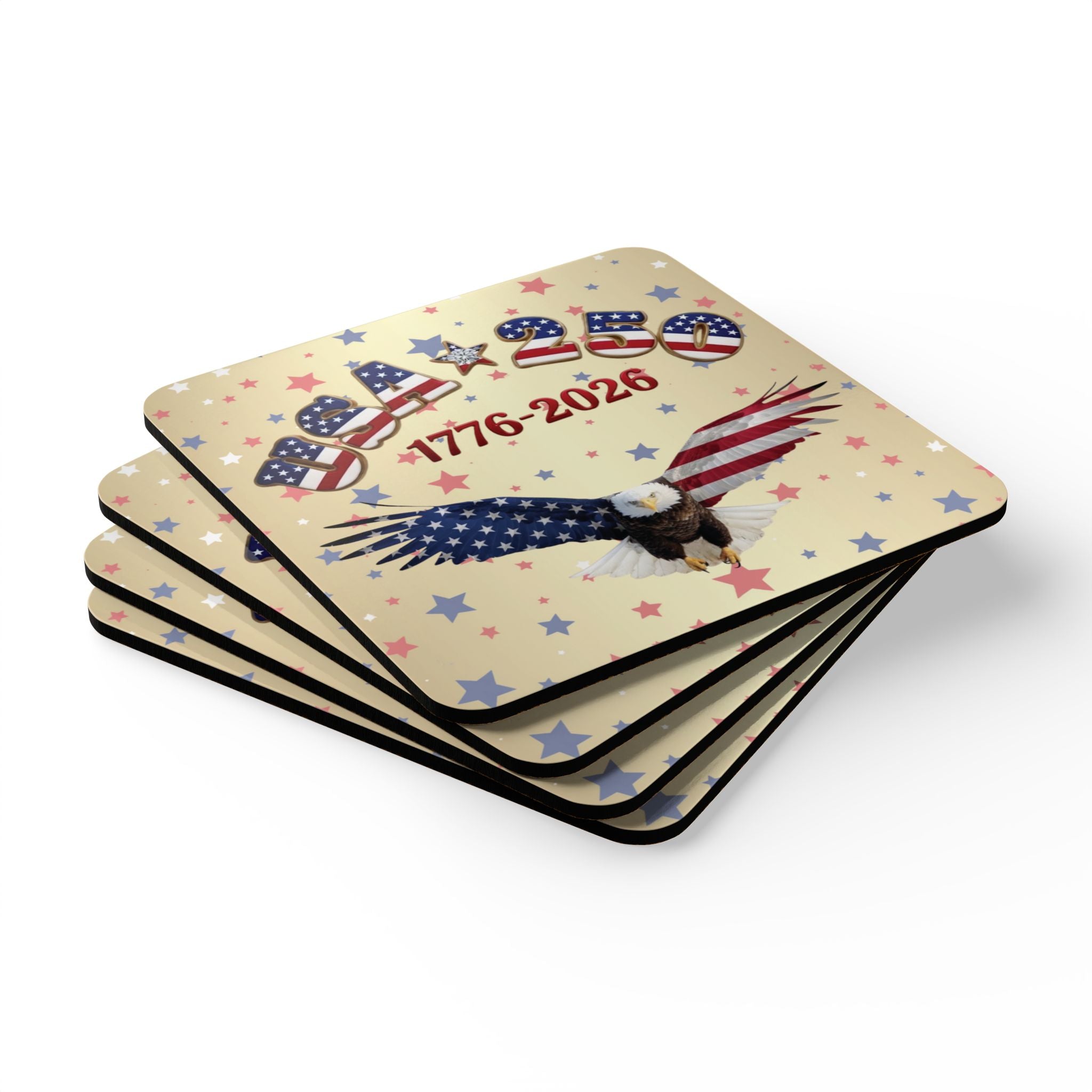 USA 250 Tribute Eagle and American Flag Coasters, Corkwood Coasters, Set of 4 | 1776-2026, red design