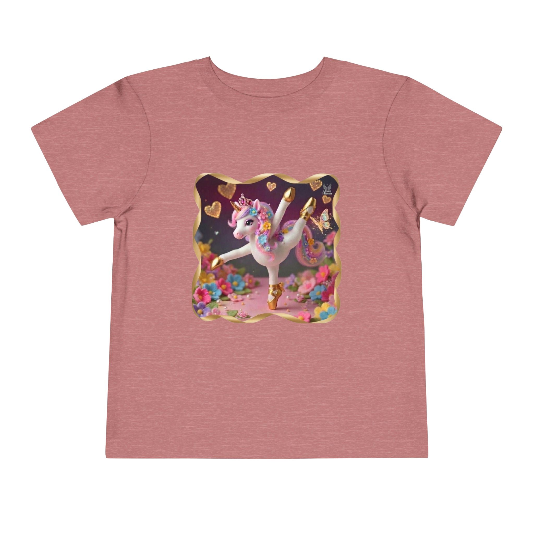 Ballet Unicorn Toddler Tee | Cute Pink Unicorn Dancing with Hearts, Double Rainbow and Clouds on Back