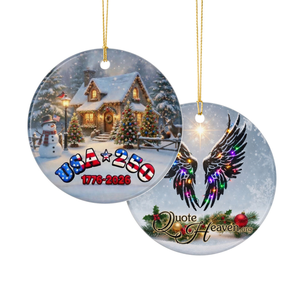 USA 250 Tribute Ceramic Ornament | 1776-2026 Holiday Cottage and Snowman