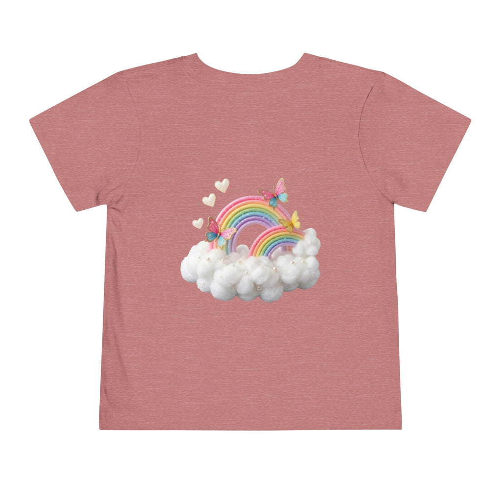 Ballet Unicorn Toddler Tee | Cute Pink Unicorn Dancing with Hearts, Double Rainbow and Clouds on Back