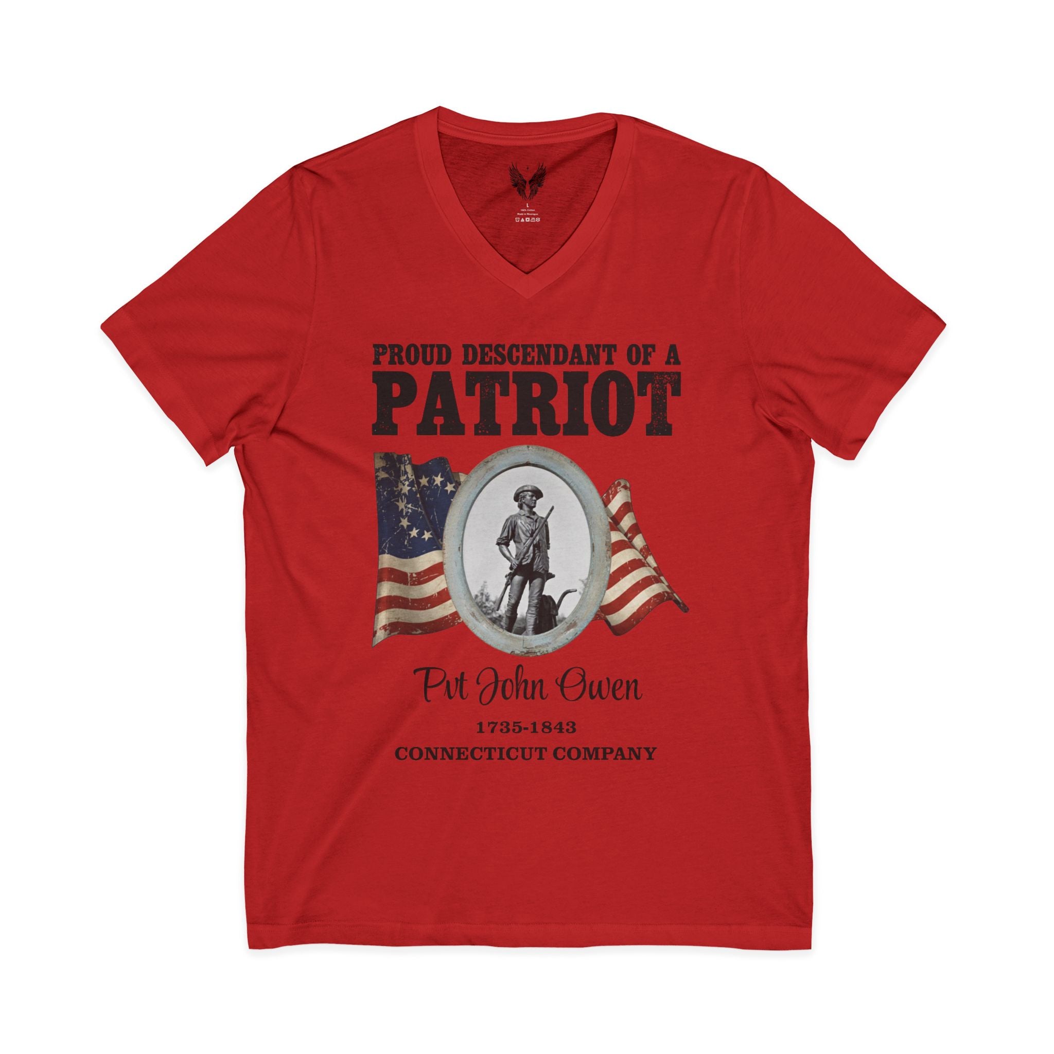 Patriot Ancestor V-Neck Tee — "Proud Descendant of a Patriot" Historical Tribute Shirt | Personalized