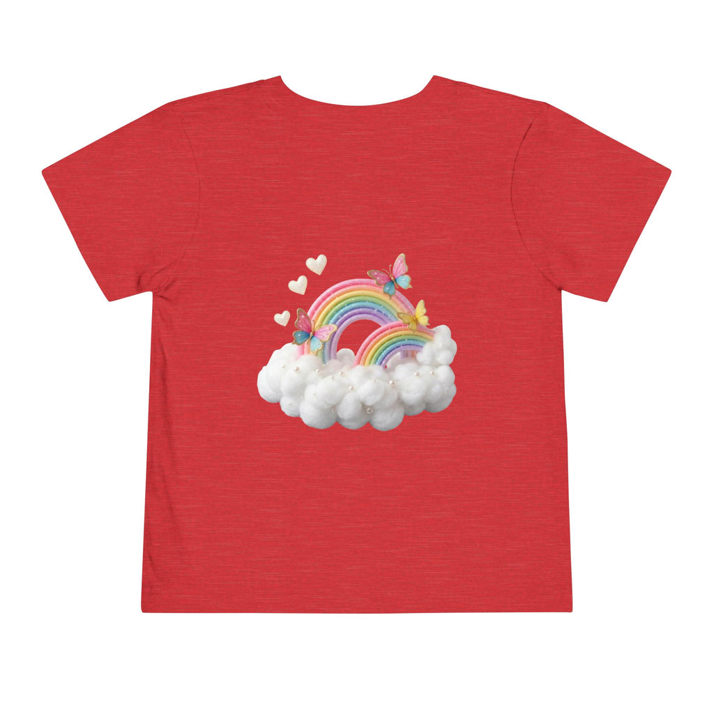 Ballet Unicorn Toddler Tee | Cute Pink Unicorn Dancing with Hearts, Double Rainbow and Clouds on Back