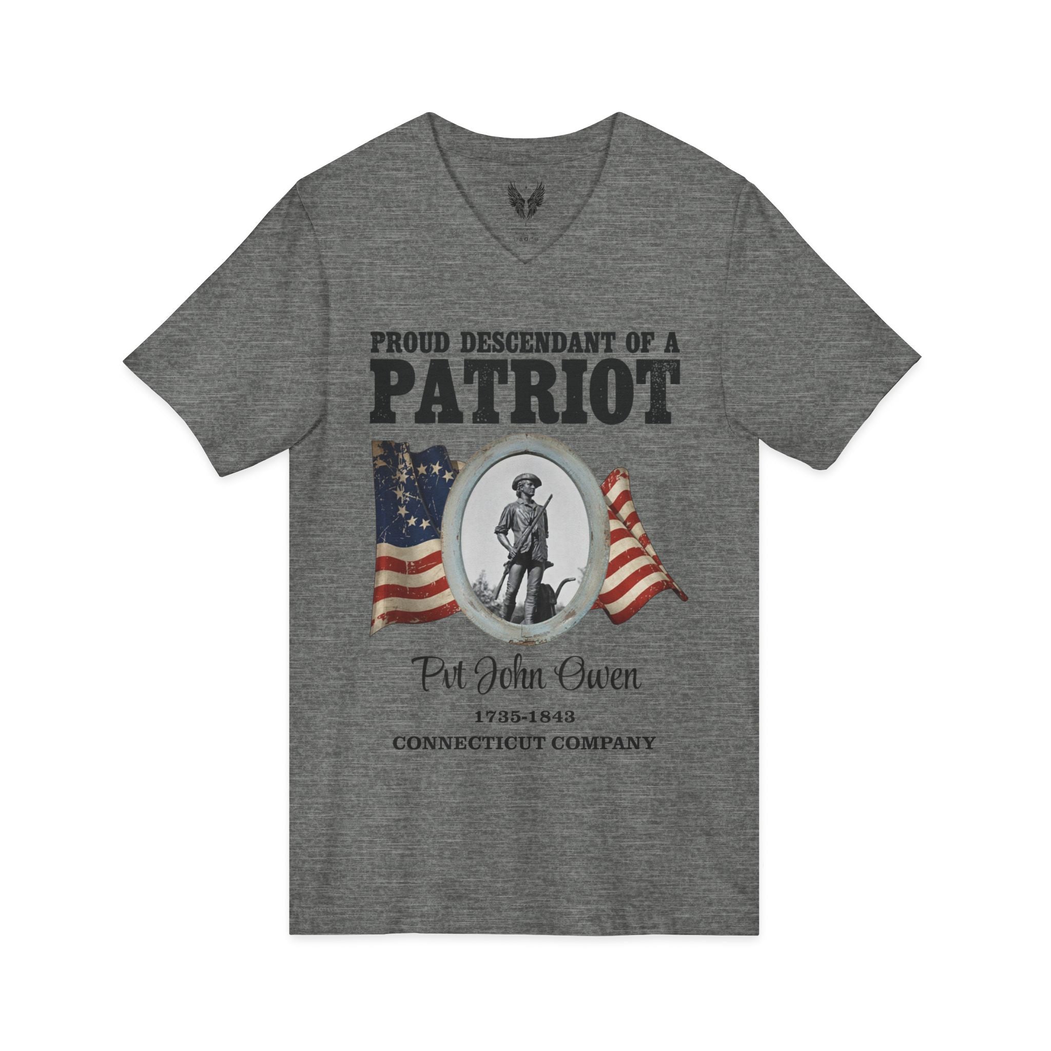 Patriot Ancestor V-Neck Tee — "Proud Descendant of a Patriot" Historical Tribute Shirt | Personalized