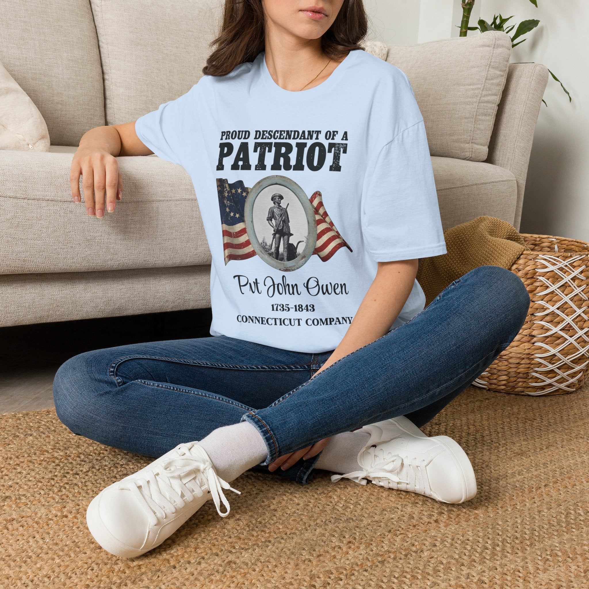 Proud Descendant of a Patriot Unisex T-Shirt | USA 250 Tribute, Personalized, Minute Man Tribute on Back