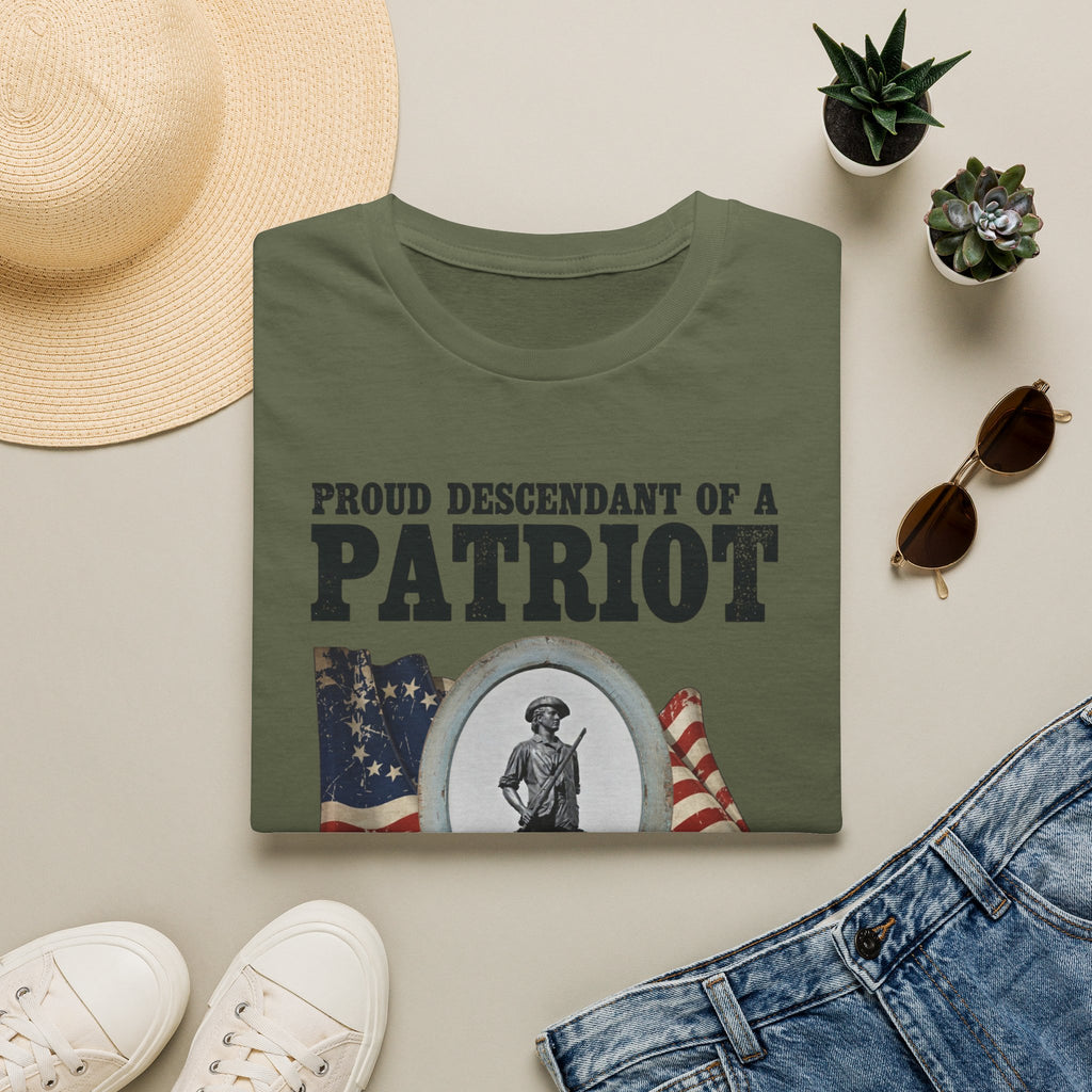 Proud Descendant of a Patriot Unisex T-Shirt | USA 250 Tribute, Personalized, Minute Man Tribute on Back