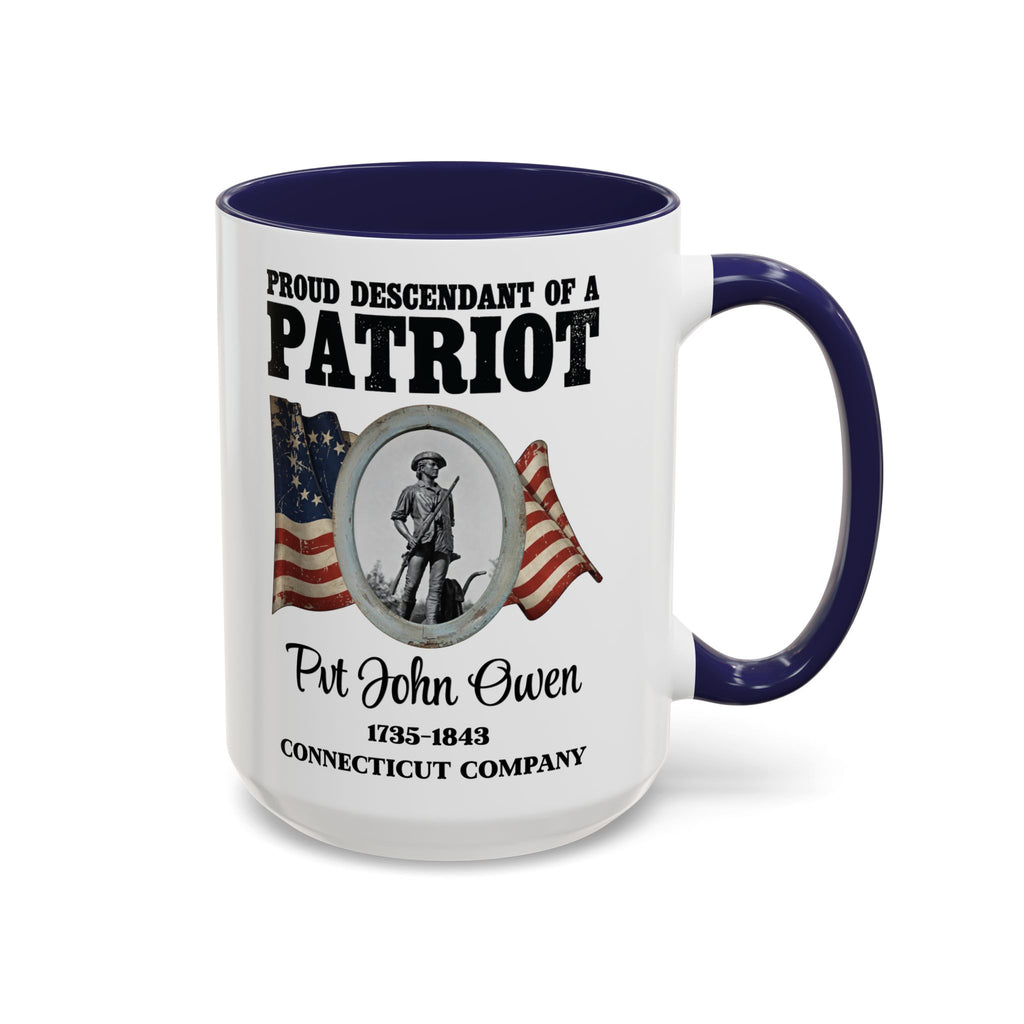 OWENS FAMILY with authentic obituary - Proud Descendant of a Patriot 15 oz mug | Revolutionary Soldier, American Flag