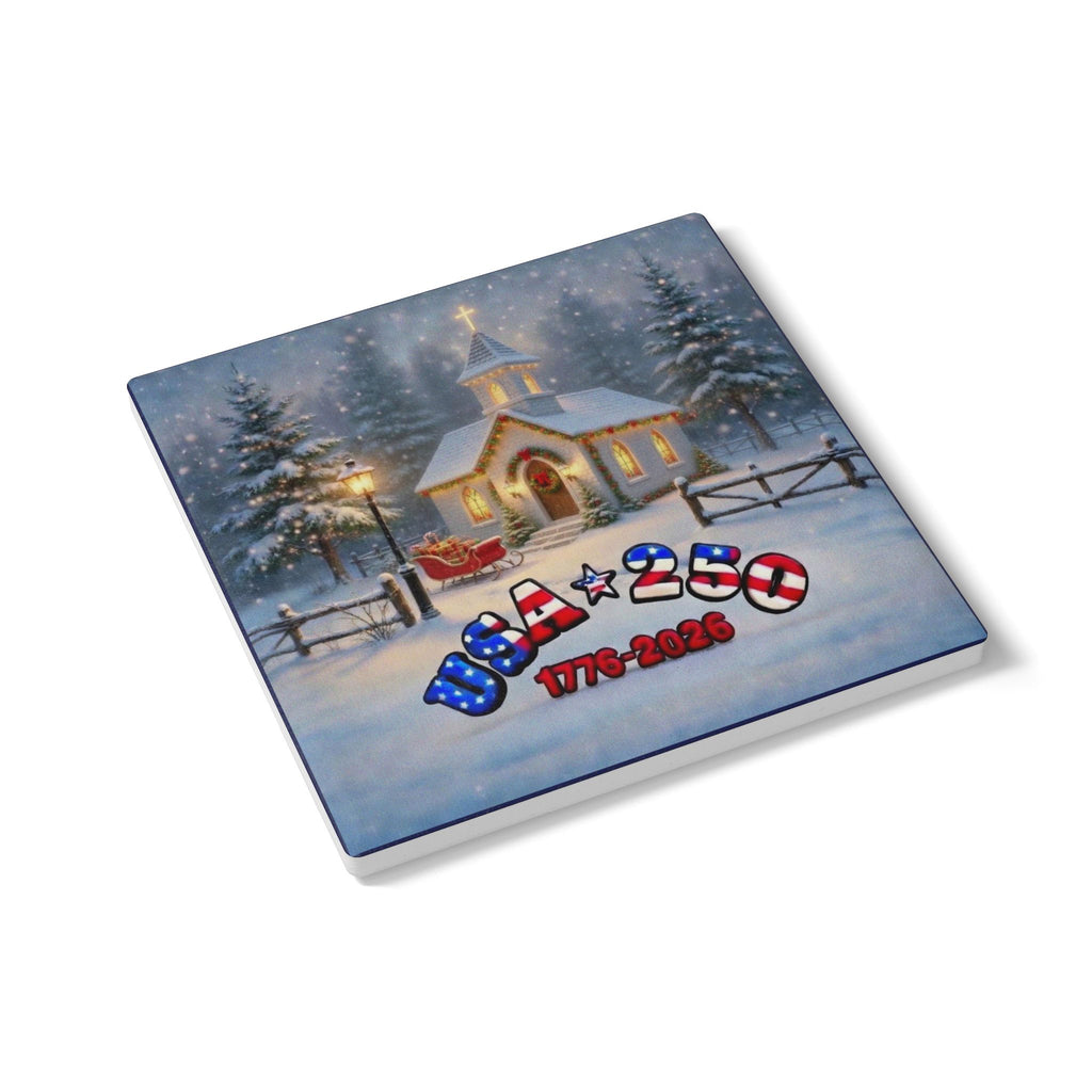 USA 250 Church in Snow Christmas Scene Ceramic Coaster | Pastoral Holiday Coaster