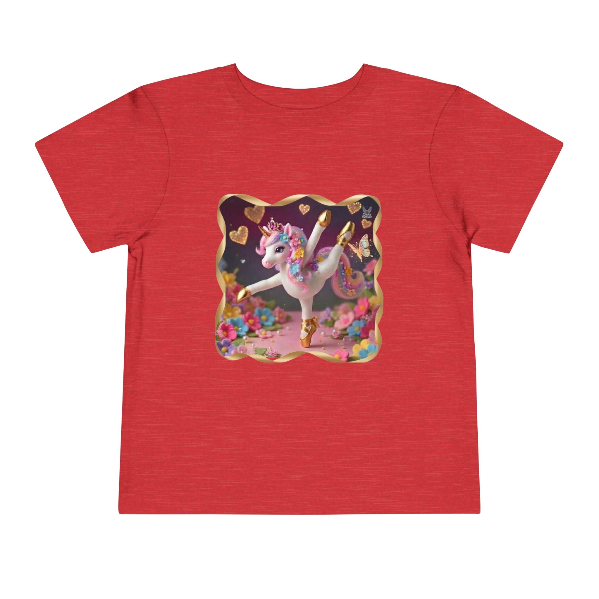 Ballet Unicorn Toddler Tee | Cute Pink Unicorn Dancing with Hearts, Double Rainbow and Clouds on Back