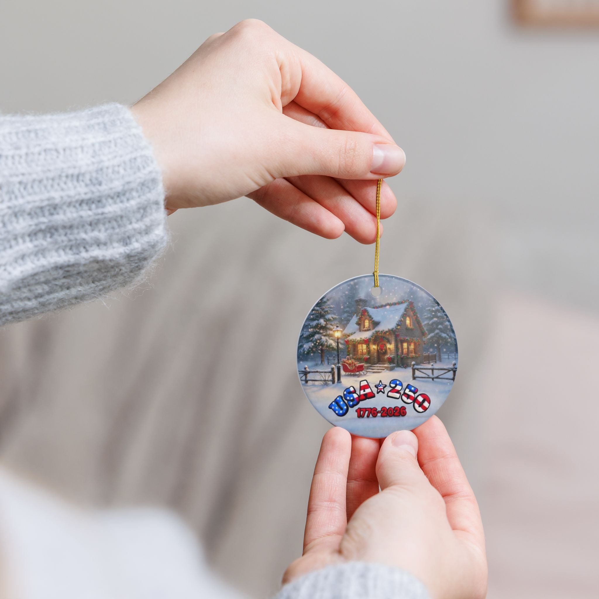 USA 250 Tribute Ceramic Ornament | Cozy Cottage and Sleigh Semi-quincentennial Holiday Décor