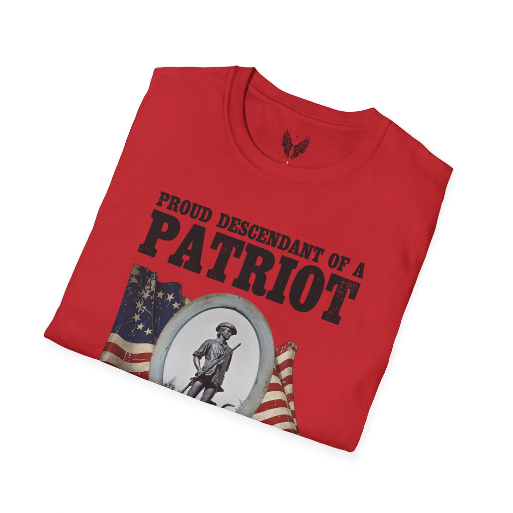 Proud Descendant of a Patriot Unisex T-Shirt | USA 250 Tribute, Personalized, Minute Man Tribute on Back