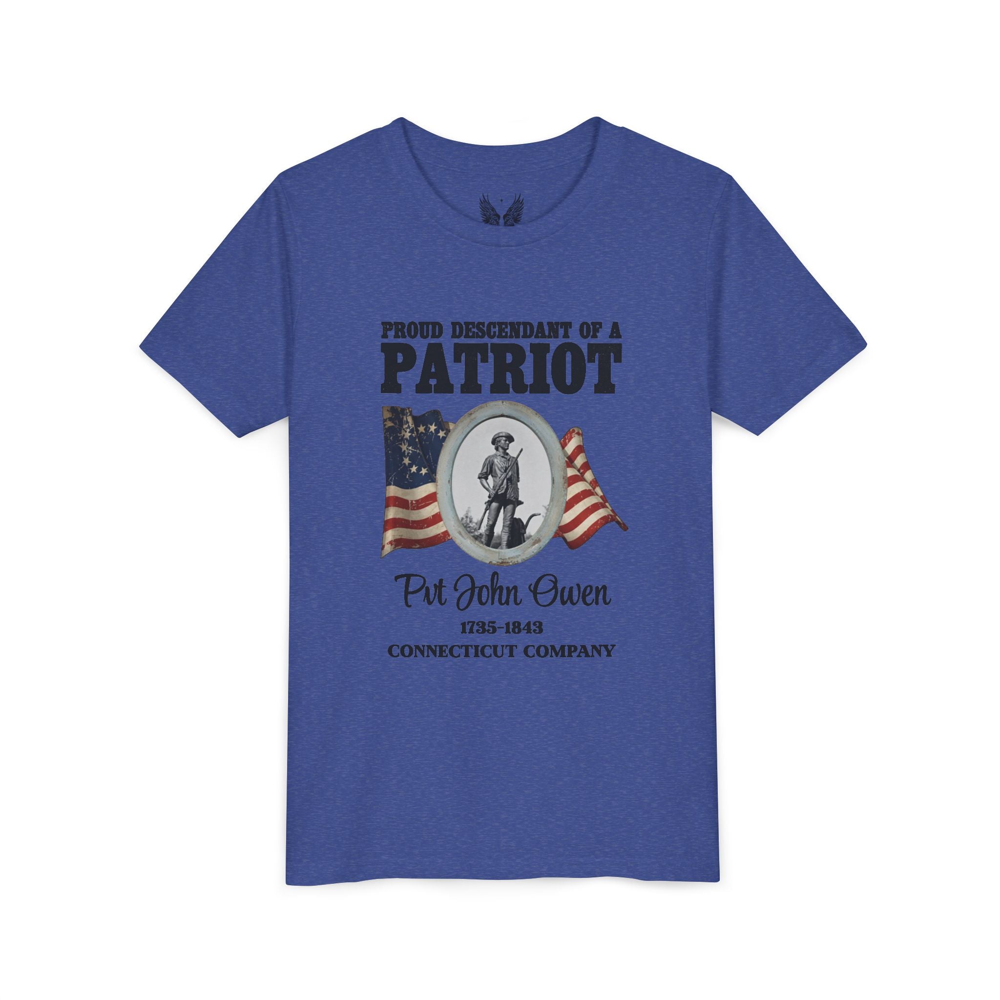 Proud Descendant of a Patriot Youth Short Sleeve Tee | Minute Man Statue and Poem | Personalize
