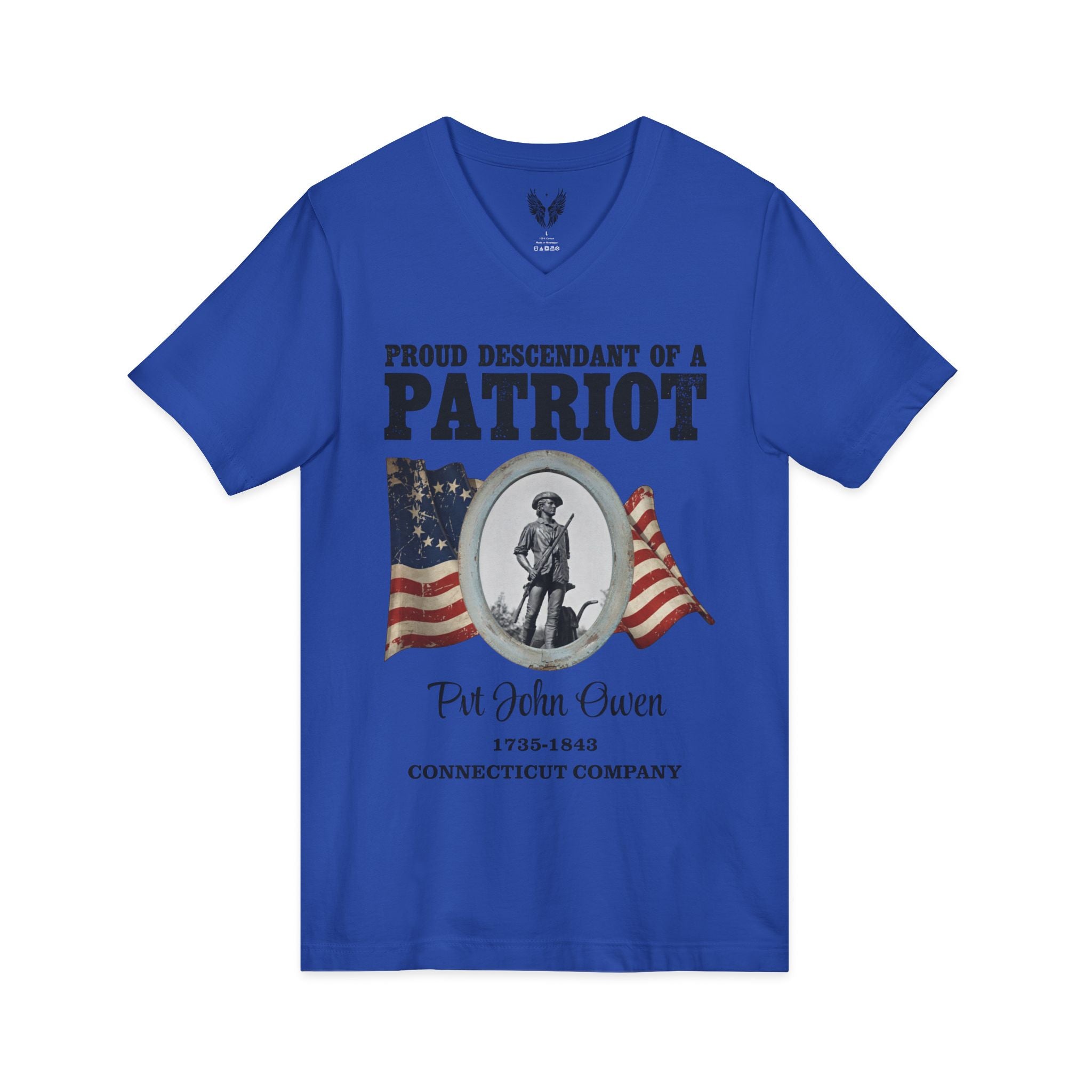 Patriot Ancestor V-Neck Tee — "Proud Descendant of a Patriot" Historical Tribute Shirt | Personalized