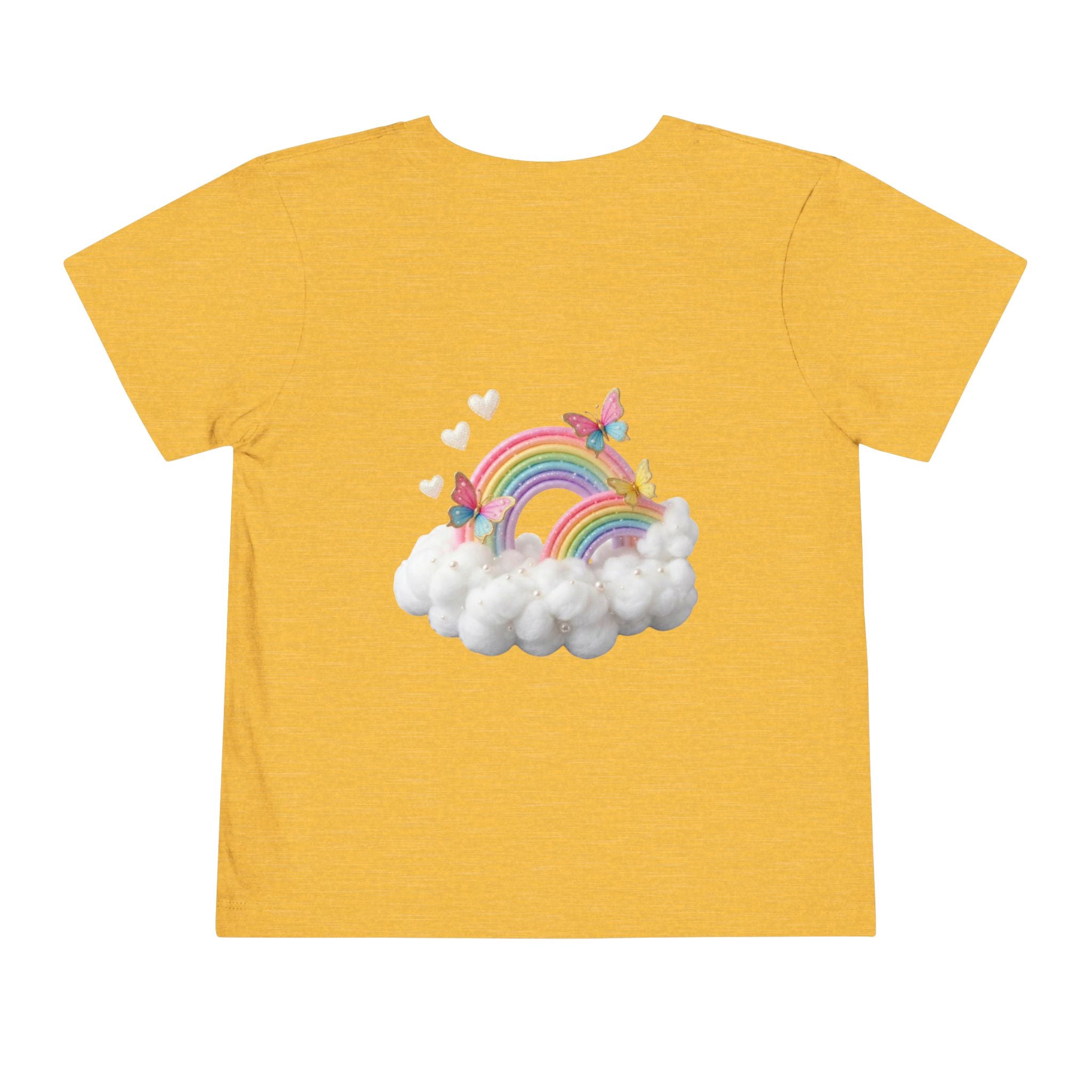 Ballet Unicorn Toddler Tee | Cute Pink Unicorn Dancing with Hearts, Double Rainbow and Clouds on Back