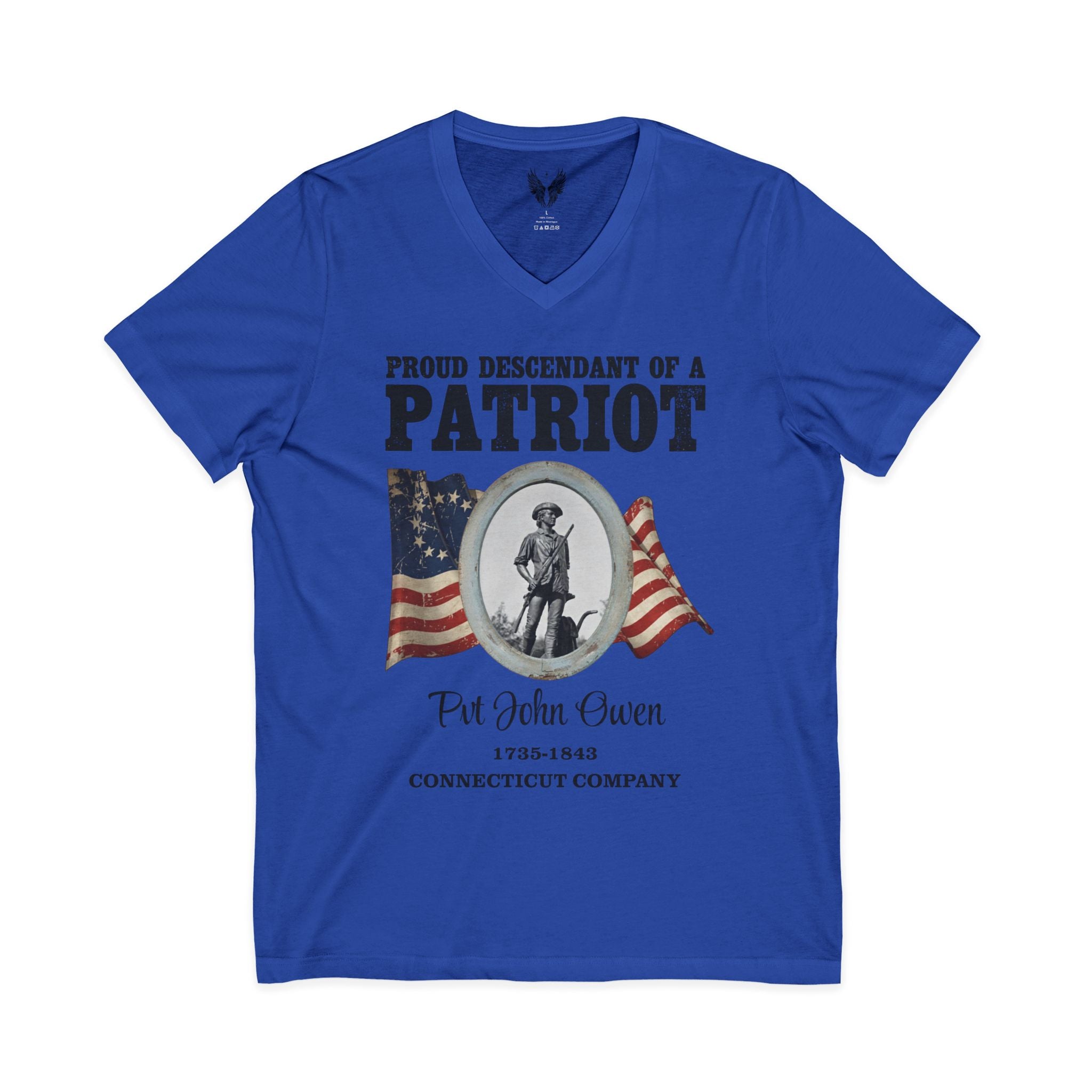 Patriot Ancestor V-Neck Tee — "Proud Descendant of a Patriot" Historical Tribute Shirt | Personalized
