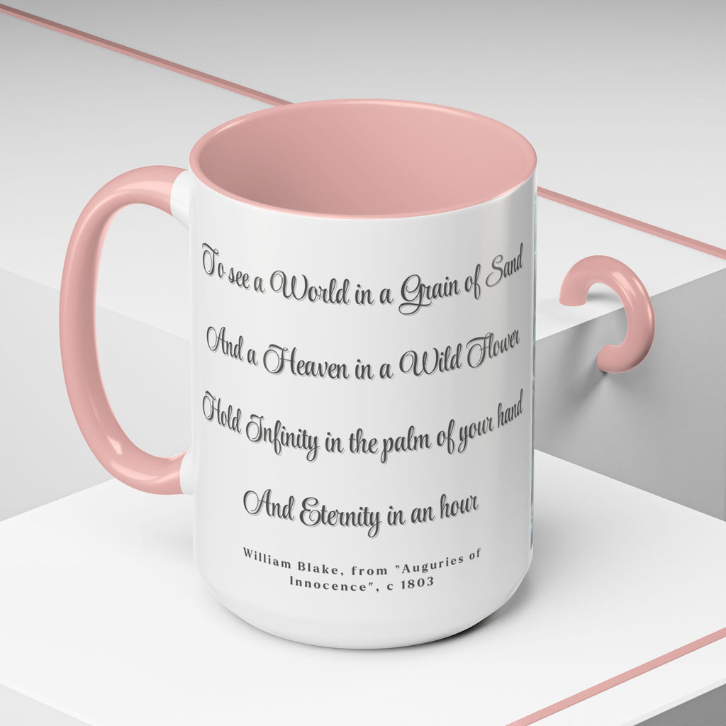 Puppy Smelling the Flowers 15 oz Gratitude Mug | With quote from "Auguries of Innocence", William Blake