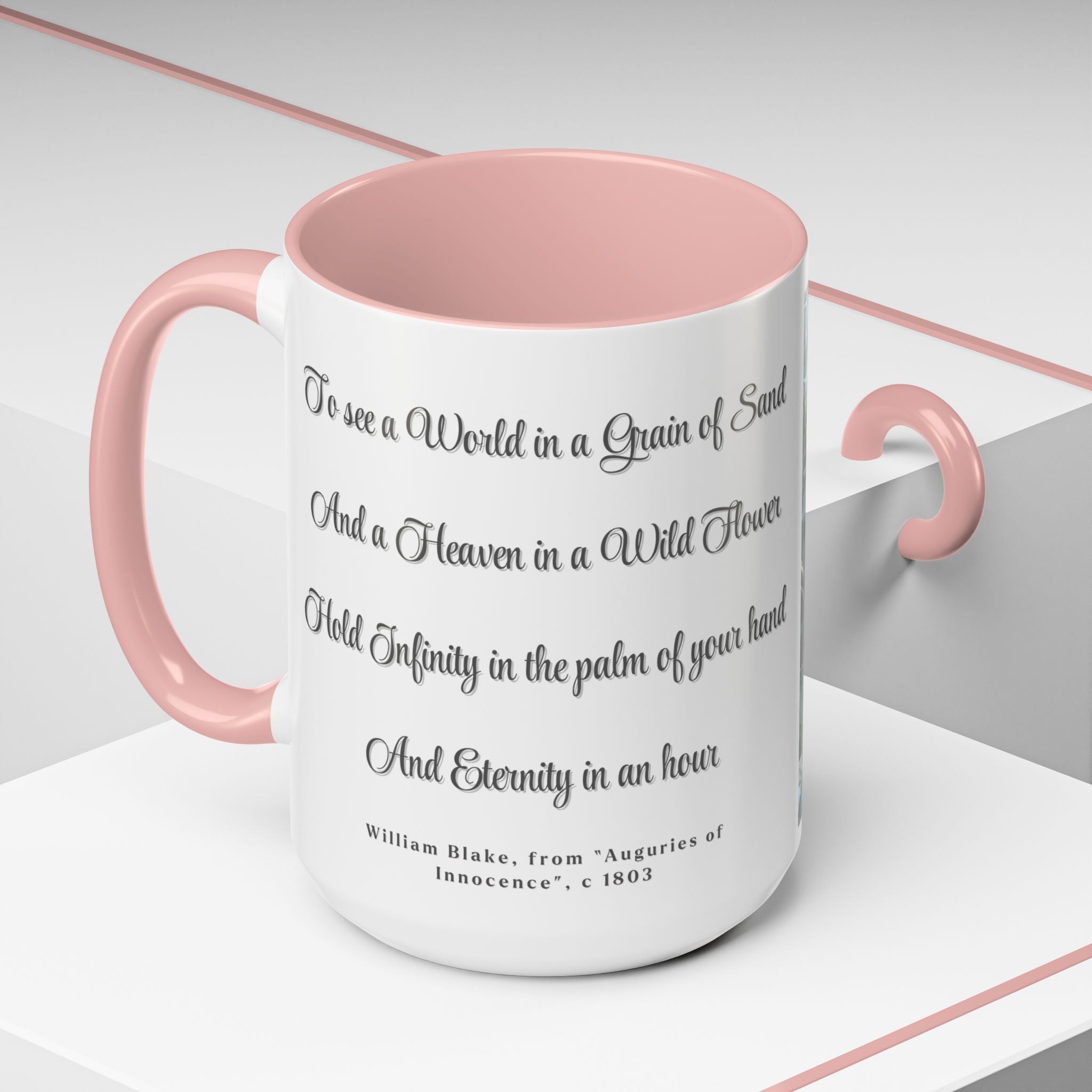 Puppy Smelling the Flowers 15 oz Gratitude Mug | With quote from "Auguries of Innocence", William Blake